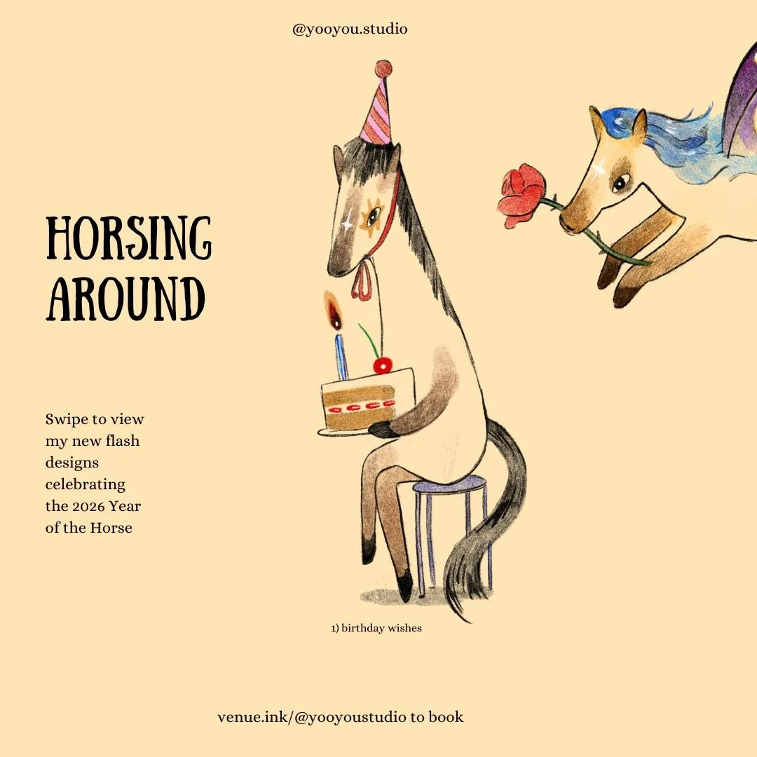 🐎✨ NEW FLASH: 2026 Year of the Horse flash designs! 

Some fun and joyful designs to honor the new year!! All designs are repeatable and available in color or b/w. 

I am booking for San Francisco for Mar 23-27 and NYC at all times. Booking link is 