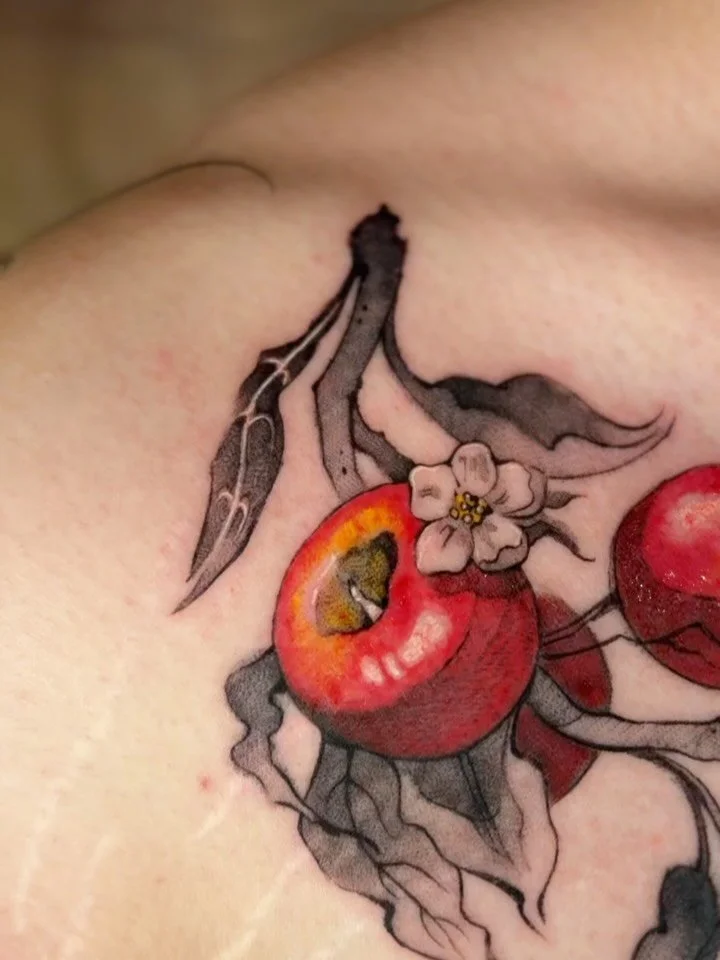 An apple branch 🍎🌸
Done in San Francisco at @monomoontattoo 

Looooooooved working on this so much!! Thank you to my wonderful client for working with me on this. 
I am booking for NYC April-May, link in bio. DM for inquiries.