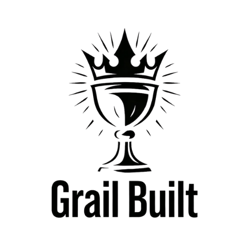A logo featuring a trophy with a crown on top and the words 'Grail Built' underneath.