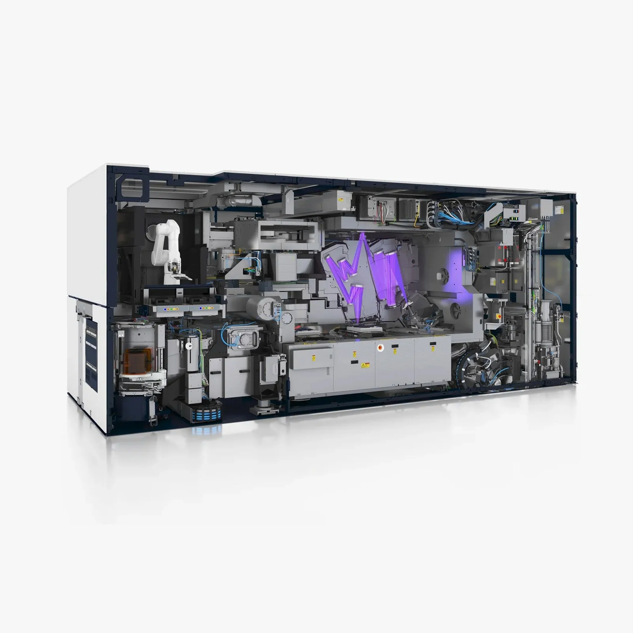 Cutaway of ASML’s High-NA EUV machine, showing the purple light path between its mirrors.