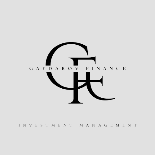 Logo for Gaydarov Finance, an investment management company, featuring stylized initials with the company name and tagline on a gray background.