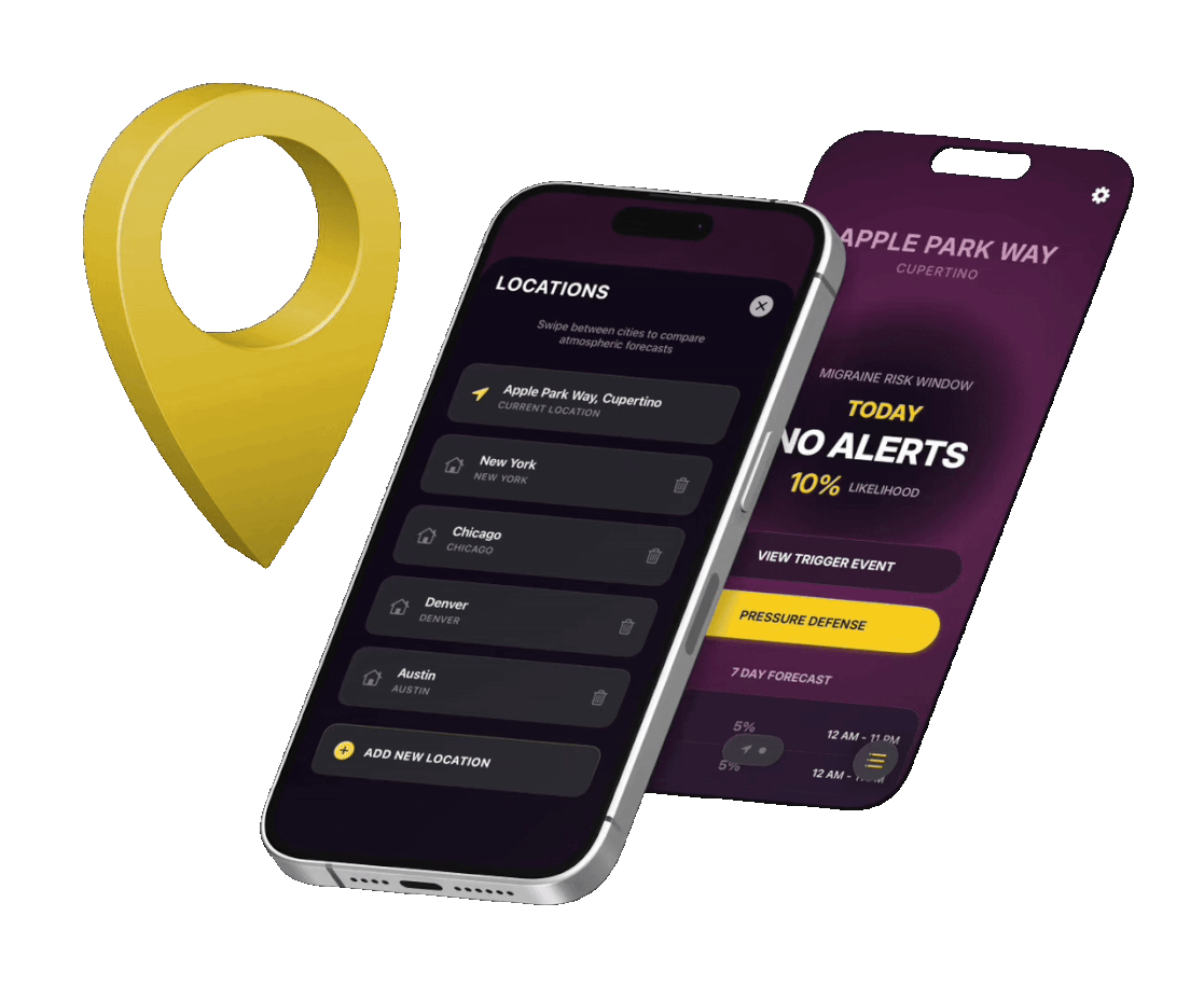 Smartphone displaying the Canairy app with a locations list and alerts, with a large gold map pin icon on the left against a bright green background.