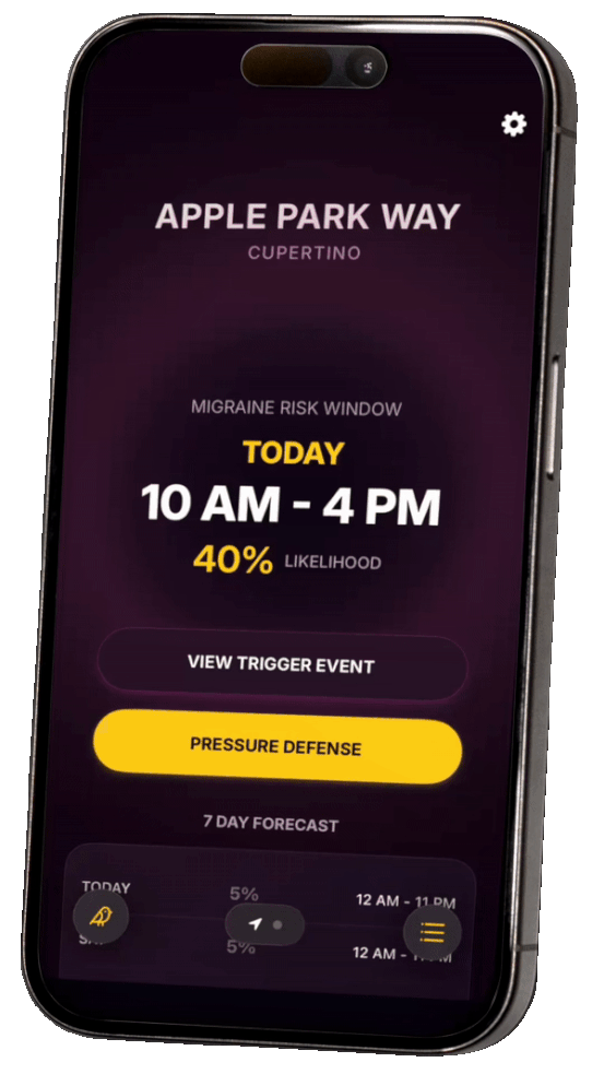 Smartphone screen displaying an app interface with information about migraine risk, trigger events, and health forecast. The header shows 'Apple Park Way, Cupertino'.