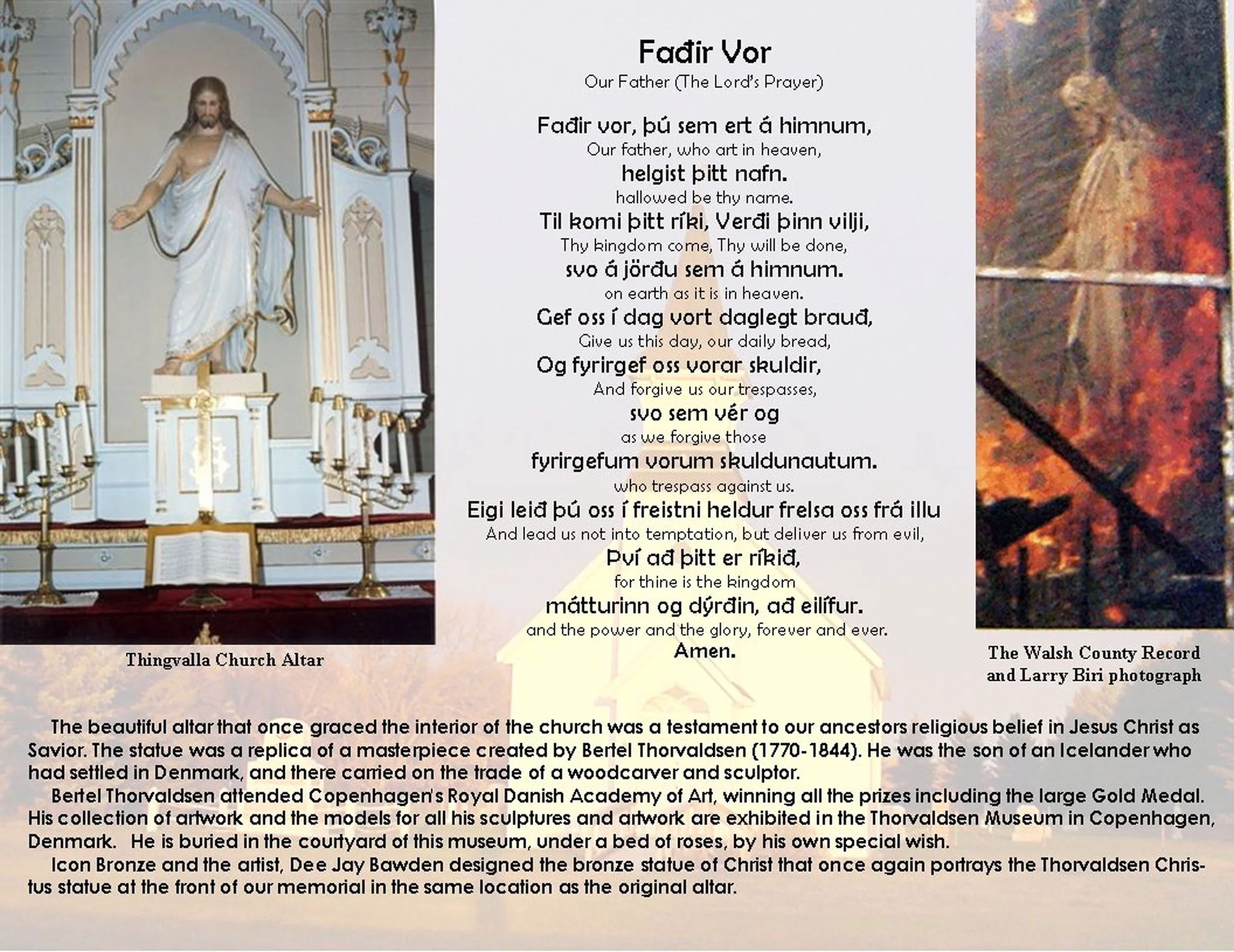 One of the storyboards at Thingvalla Eyford Cemetery Memorial created by Sunna. This is the site of the church that burned in 2003 and a beautiful memorial site was created with many storyboards to tell this story.