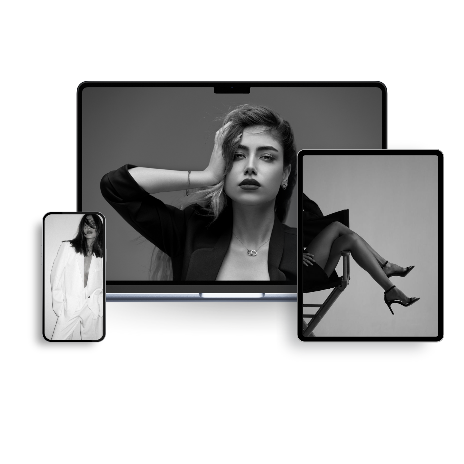 Black and white photo of a woman in a blazer sitting on a director's chair, with her legs crossed and wearing high heels, in front of a plain background. The same woman appears in various sizes on digital screens surrounding her, including a close-up portrait on a laptop and a full-body shot on a smartphone.