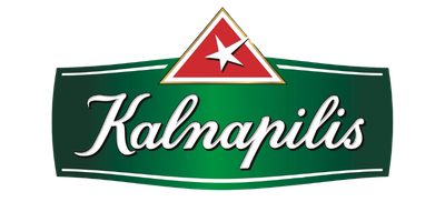 Kalnapilis logo with a red triangle and white star above the name in white cursive on a green background. Marketingo paslaugos