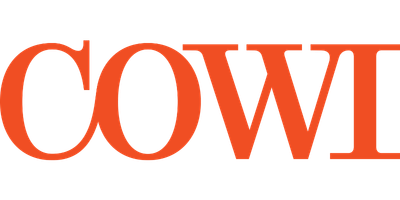 Text that says 'COWI' in large, stylized red and orange letters. Brandingo paslaugos