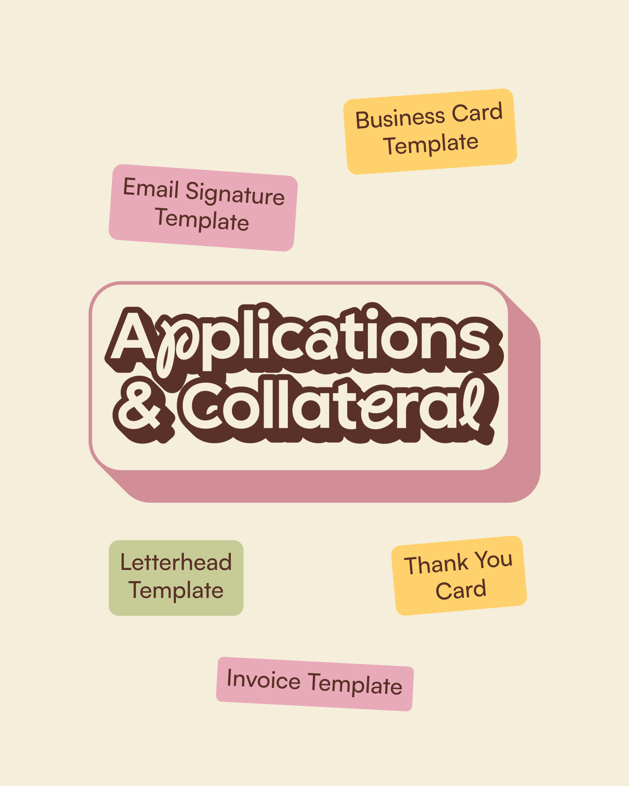 A graphic titled "Applications & Collateral" with various templates such as business card, email signature, letterhead, invoice, and thank you card displayed around it.