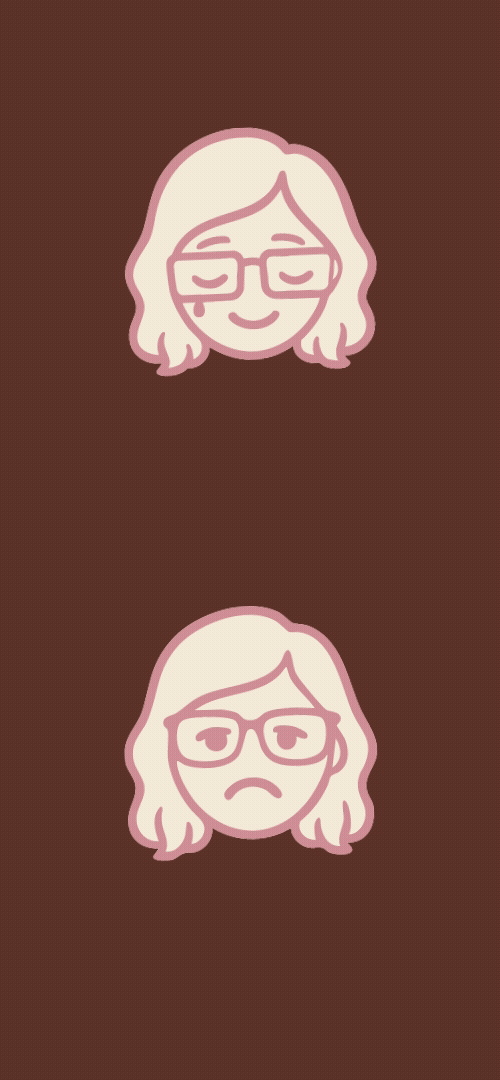 Animated illustration of two women with glasses, one smiling and one with a sad expression, on a brown background.