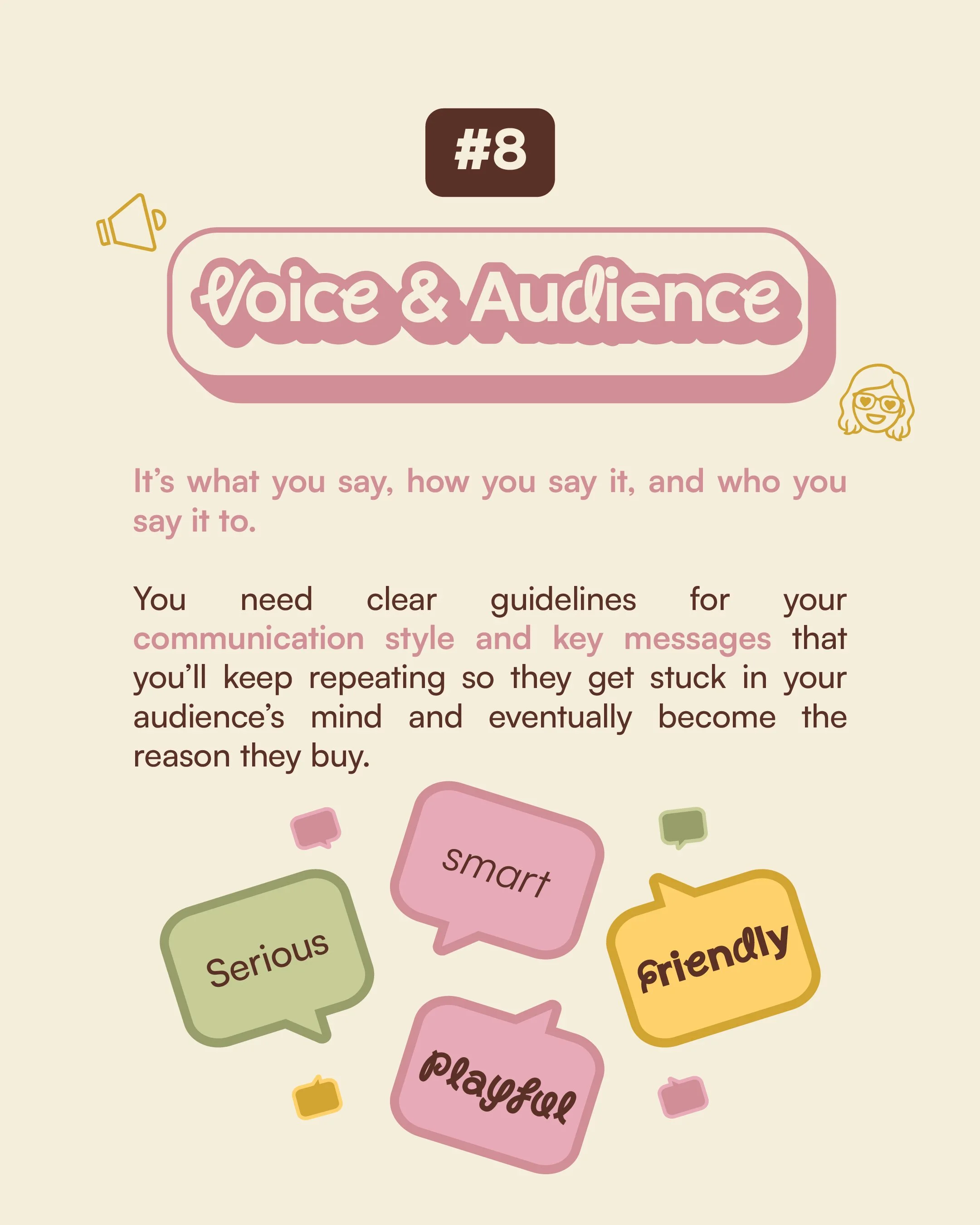 Infographic about voice and audience communication strategies, including tips on clear guidelines, communication style, and key messages. Features colorful speech bubbles with words like 'serious,' 'smart,' 'playful,' and 'friendly' on a light beige background.
