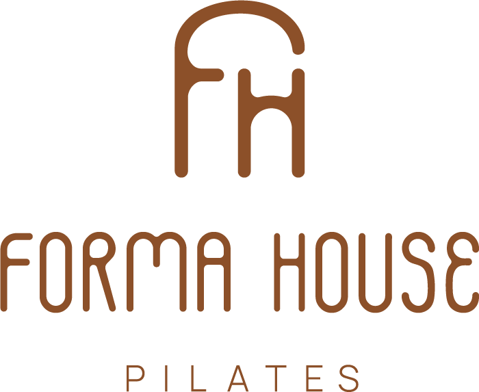Logo for Forma House Pilates featuring a logo mark with the f and H forming a house, above the text 'FORMA HOUSE' and 'PILATES' in grounded clay.
