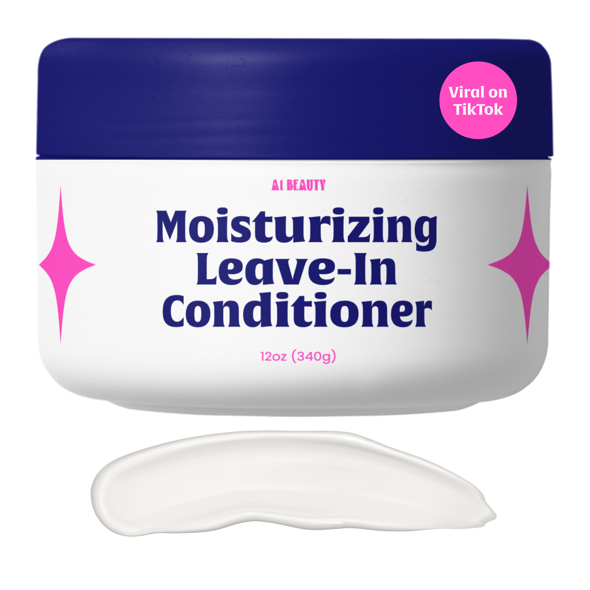 Container of moisturizing leave-in conditioner with pink label indicating 'Viral on TikTok' and brand name in large font, with a white and purple color scheme.