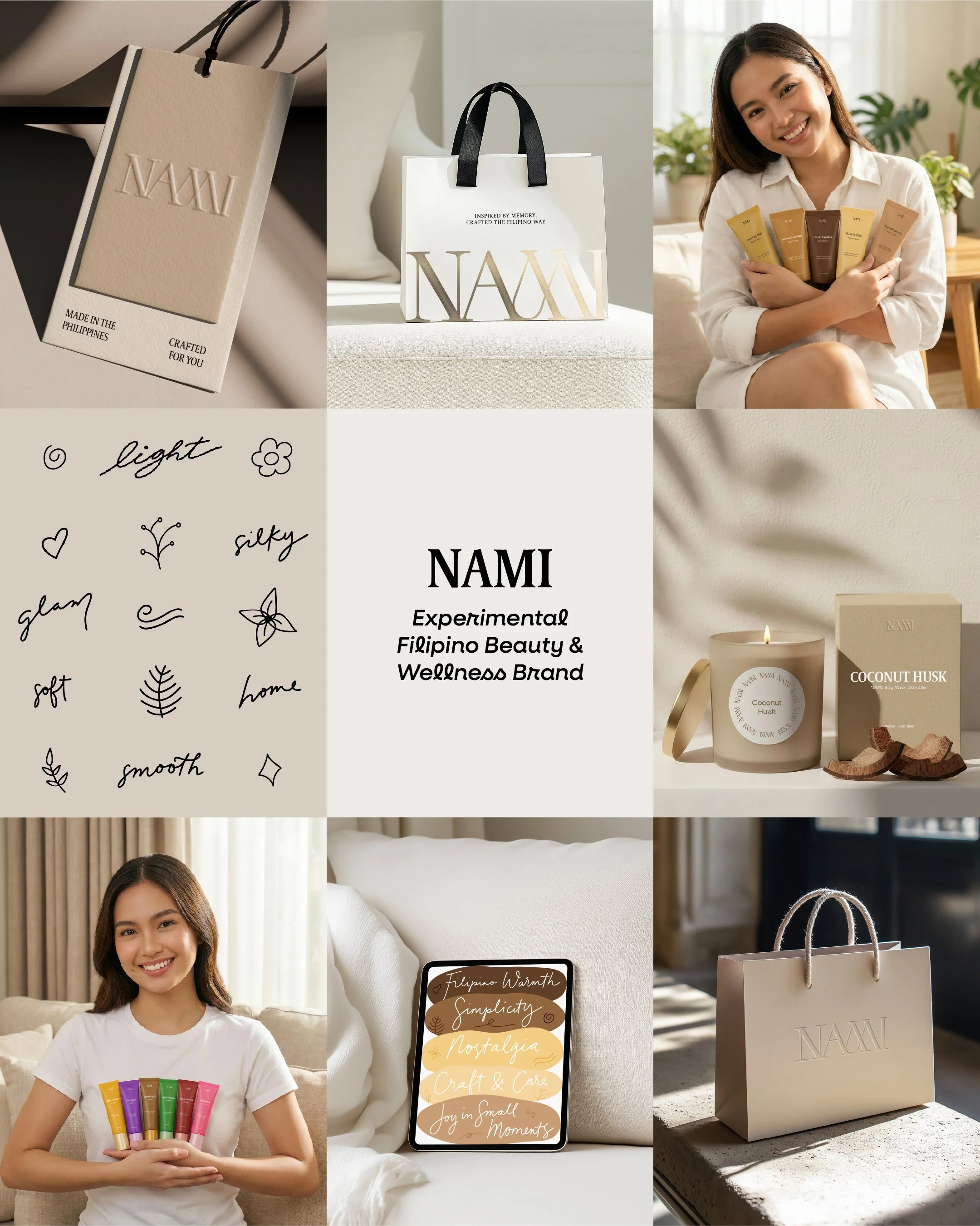 Collage of NAMI Filipino beauty and wellness products, including packaging, candles, skincare, and a woman smiling holding Pinoy-scented hand creams.
