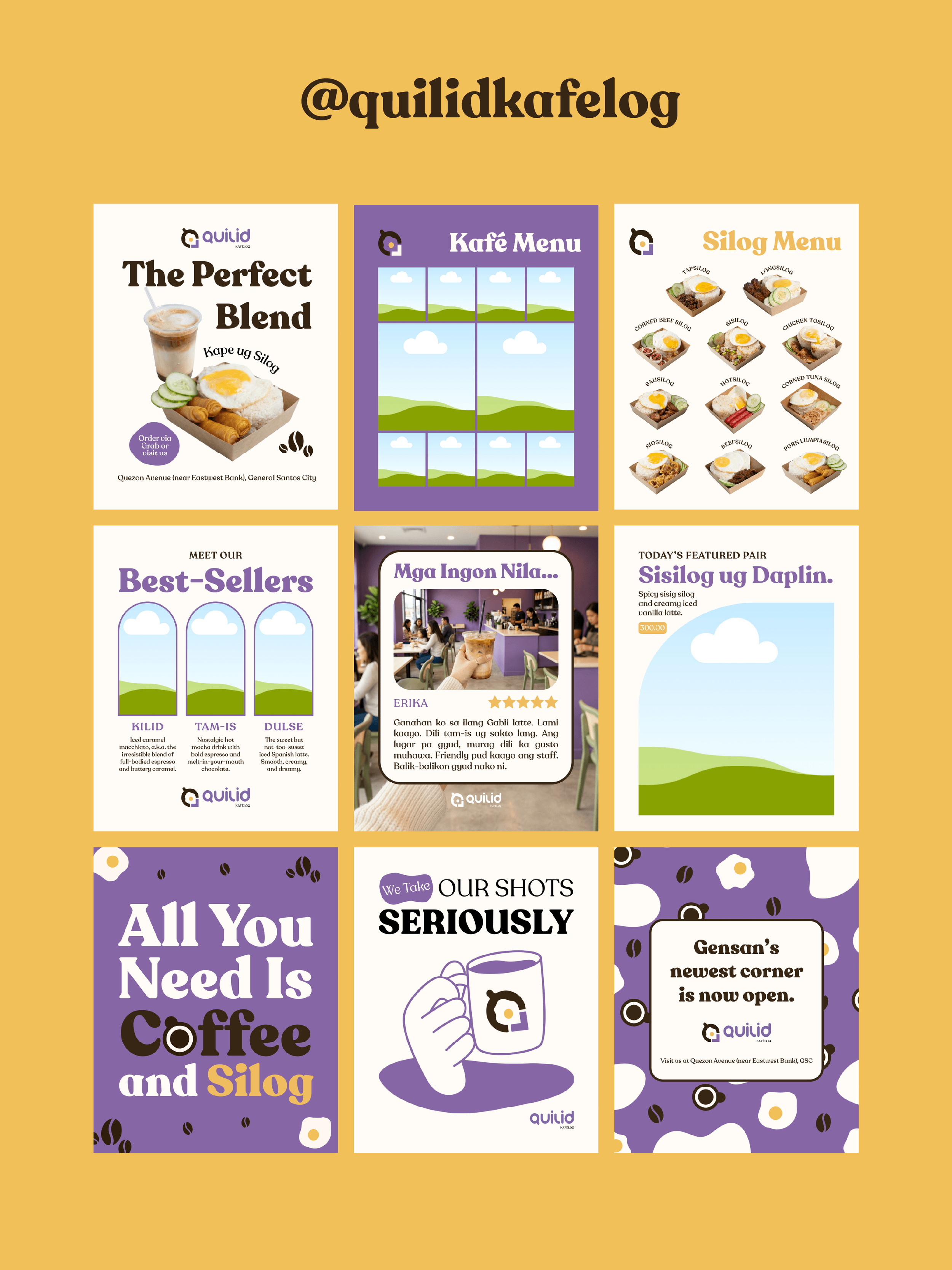 A colorful promotional collage for a cafe, featuring menu items like coffees and silogs, customer reviews, and cafe details with a mustard yellow background.