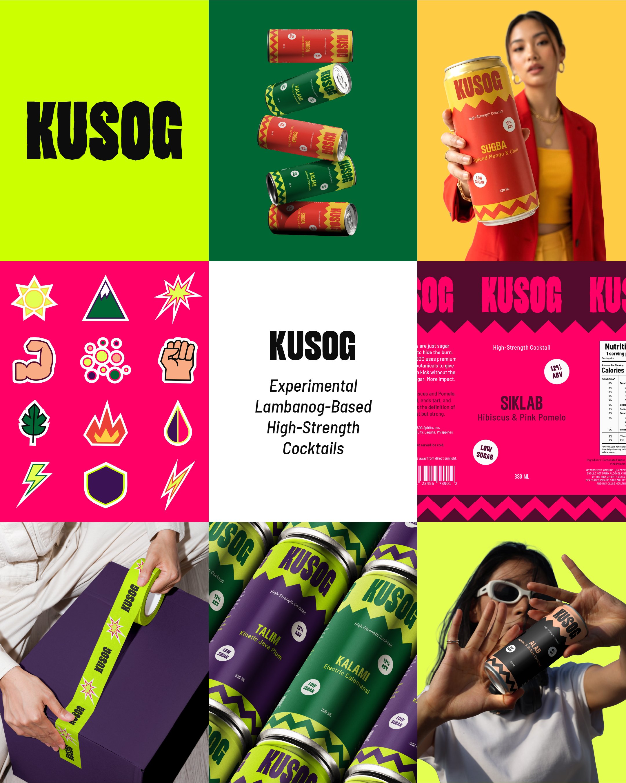 Collage of KUSOG Lambanog-based drink cans, packaging, and promotional images featuring vibrant colors, bold text, and young models holding cans, with colorful backgrounds and graphic designs.
