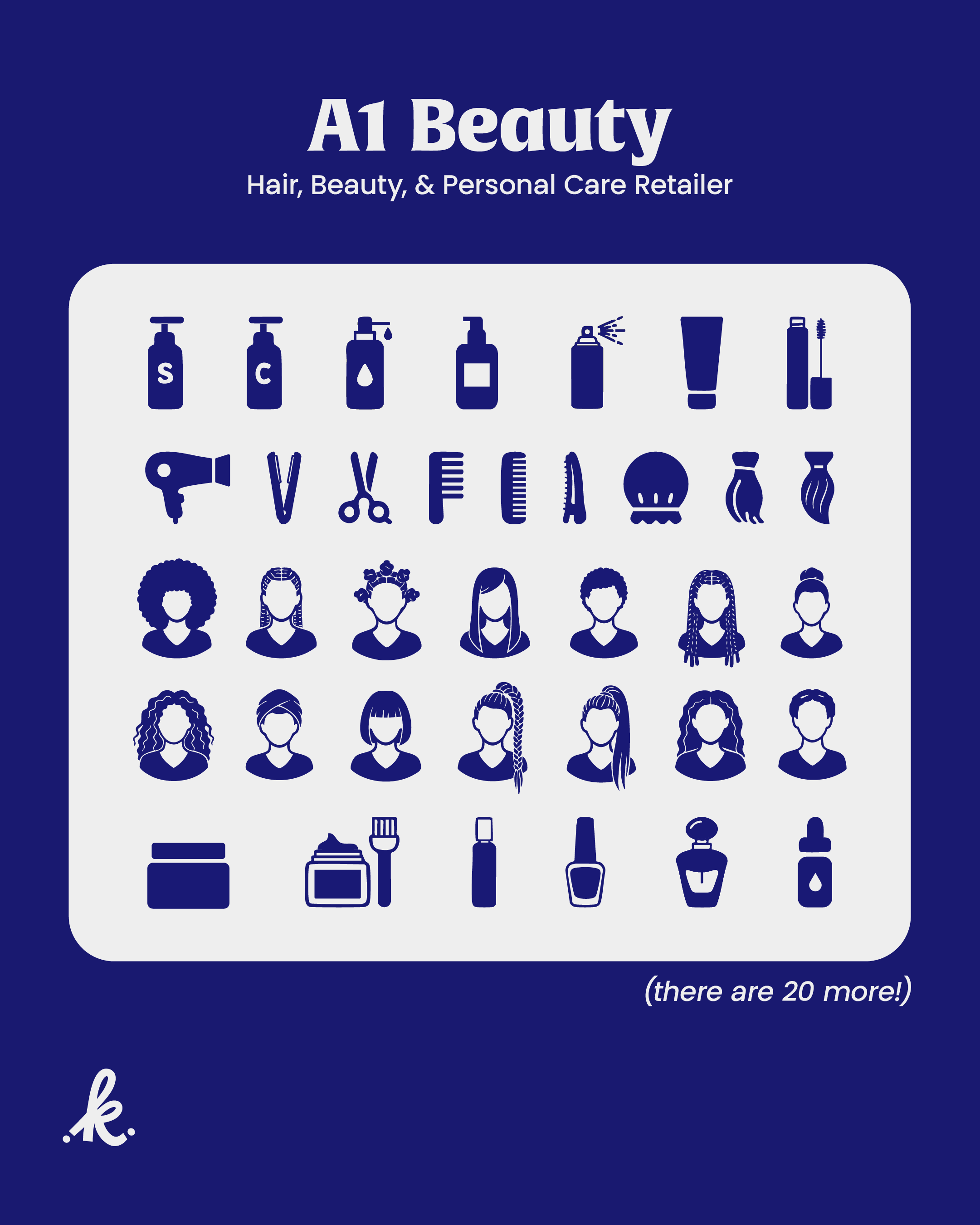 A promotional flyer for A1 Beauty, a hair, beauty, and personal care retailer, featuring icons of beauty and haircare products and tools, with a note indicating there are more items not shown.