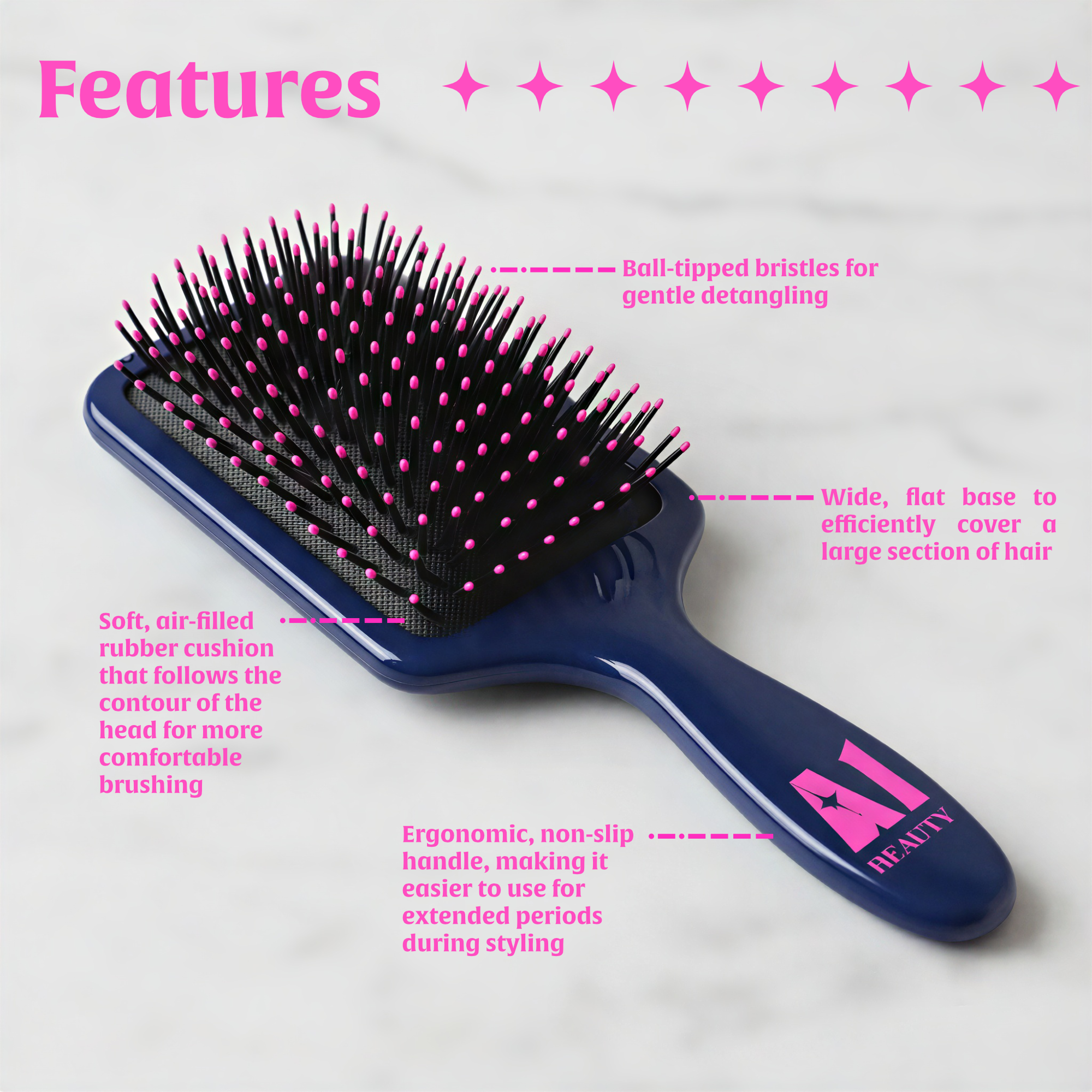 Close-up of a black hairbrush with pink-tipped bristles and a blue handle, shown on a white background with pink text describing its features.