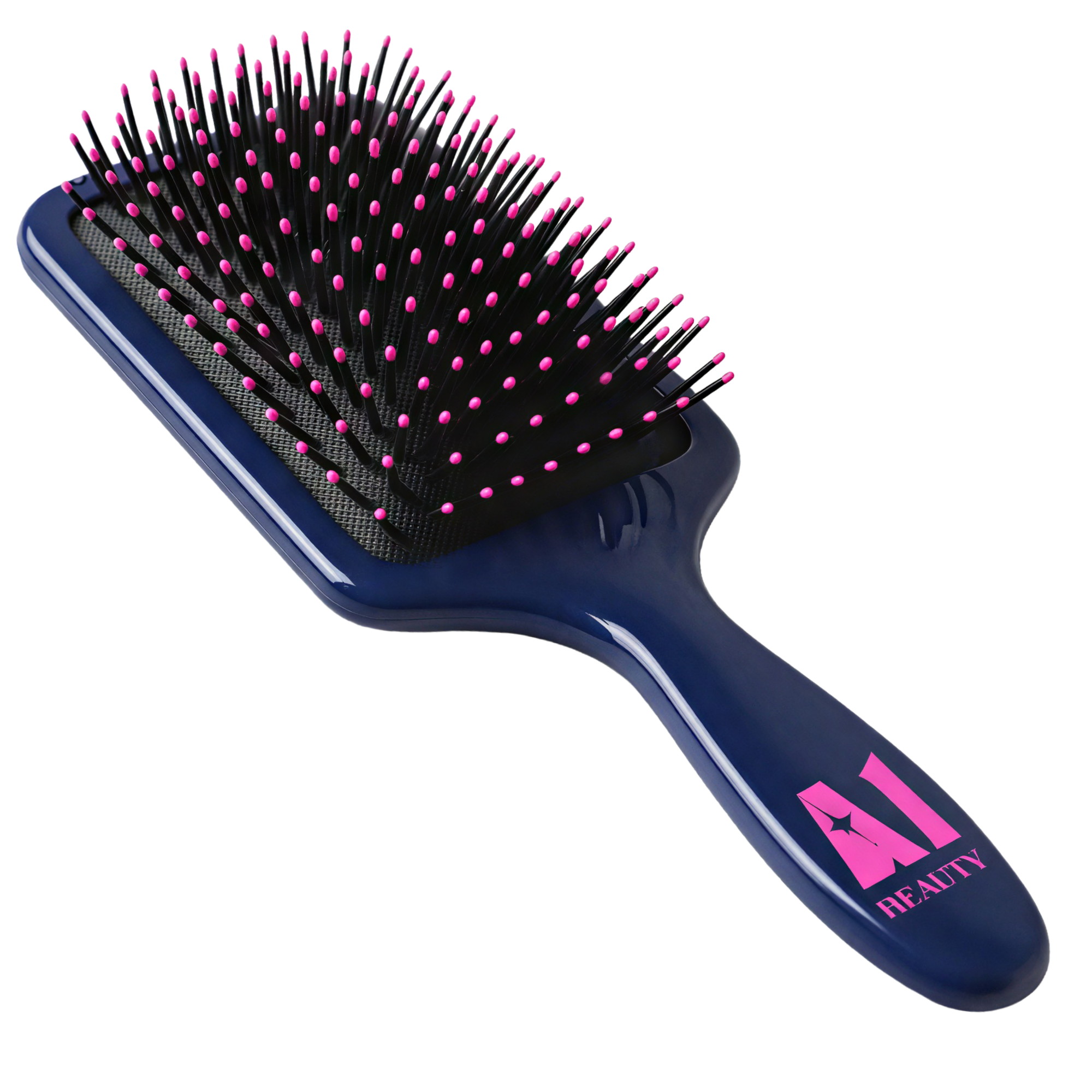 Close-up of a black hairbrush with pink-tipped bristles.