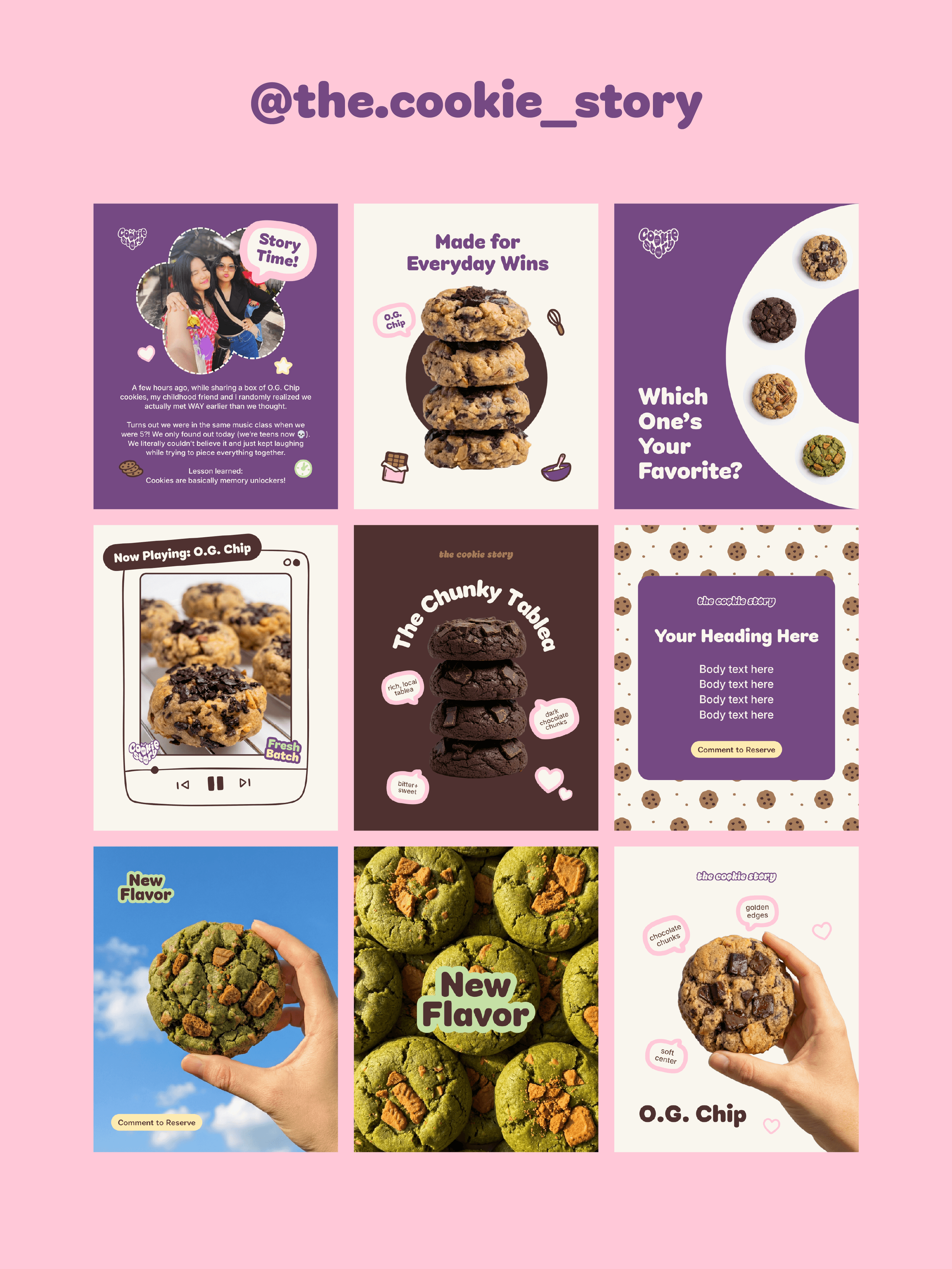 Collage of cookie-themed images and advertisements, featuring various types of cookies, a person holding a large green cookie, and social media handles and tags.
