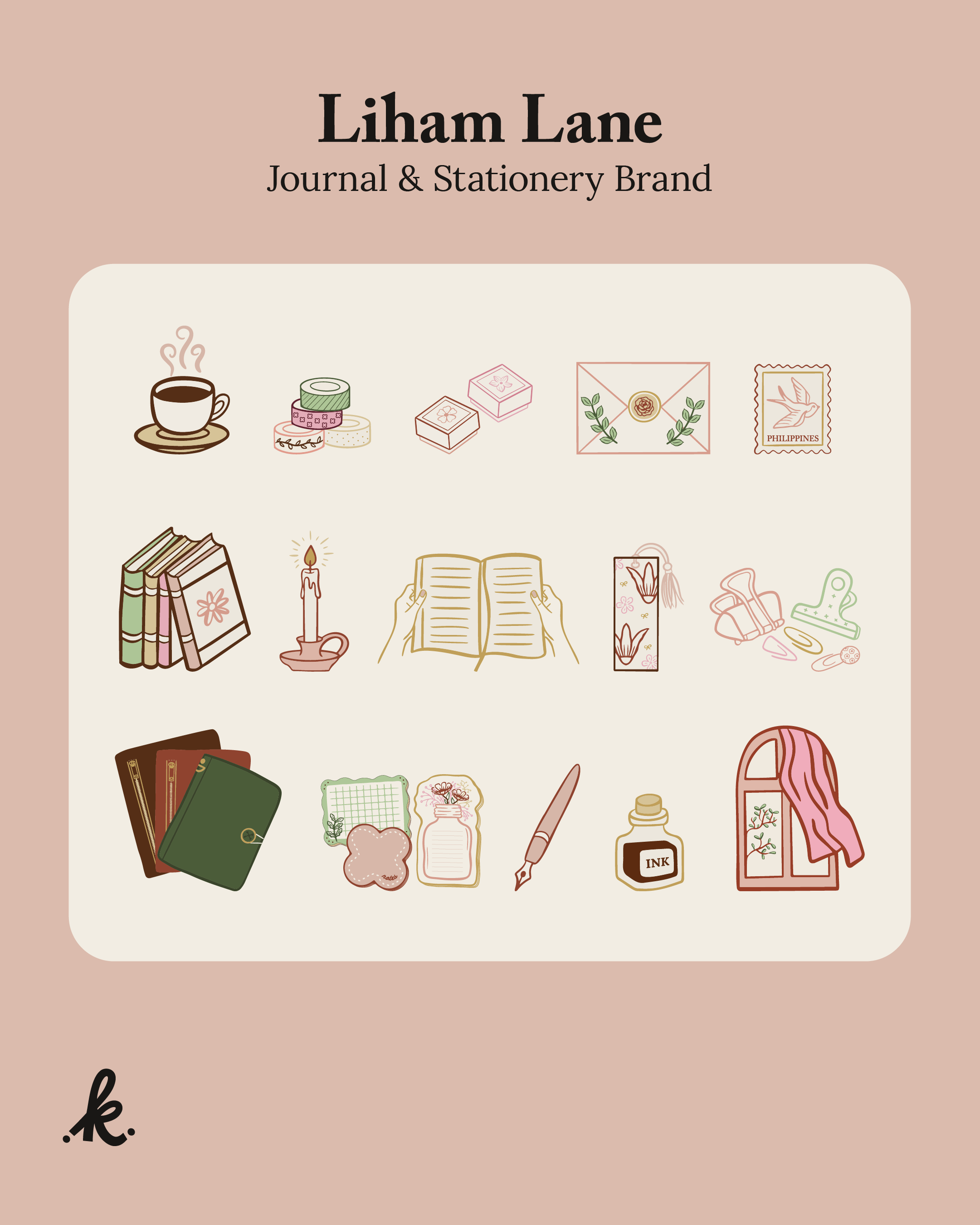 A collection of illustrated stationery items including notebooks, a candle, a journal, a pen, ink, stickers, a stamp, and various decorative accessories arranged on a soft beige background with a pink border at the top.