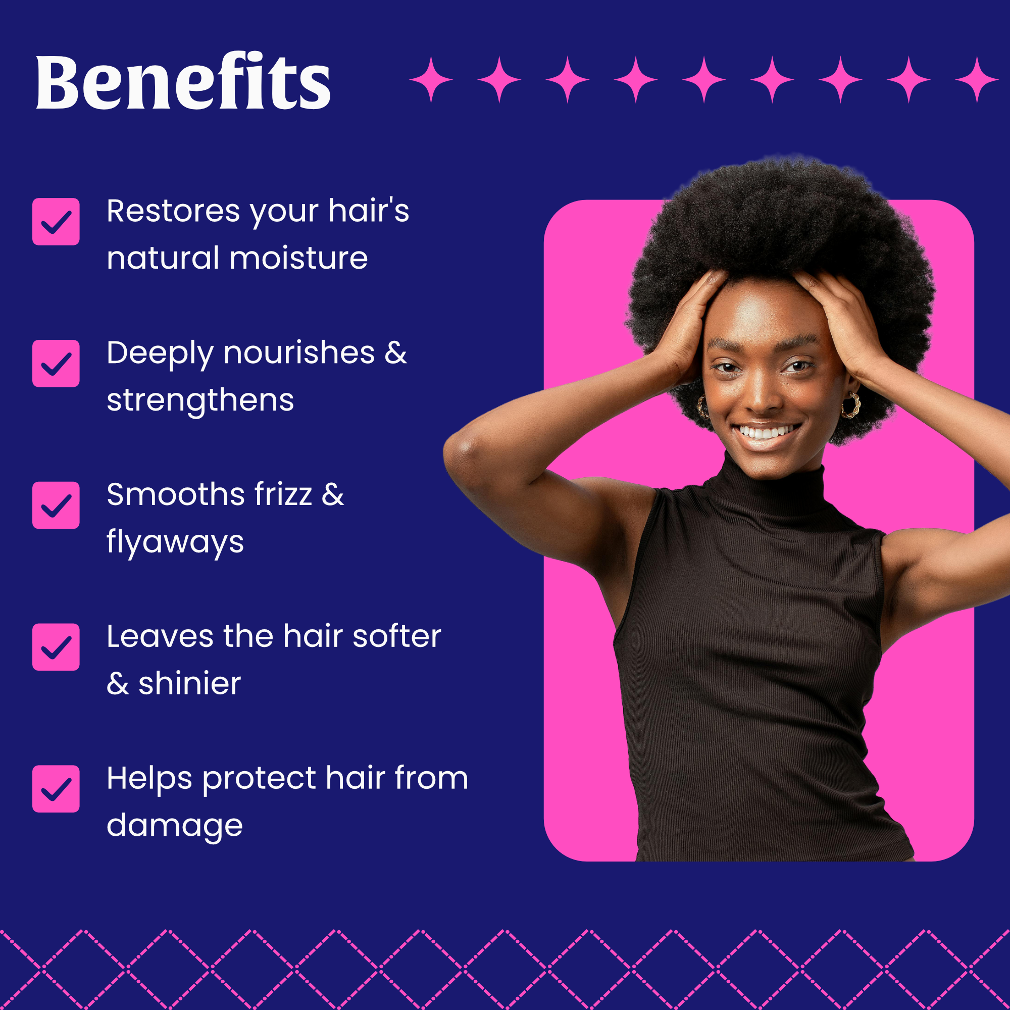 A woman with natural curly hair smiling and holding her head with both hands. The background contains pink and purple design elements, and text listing benefits of hair care products.