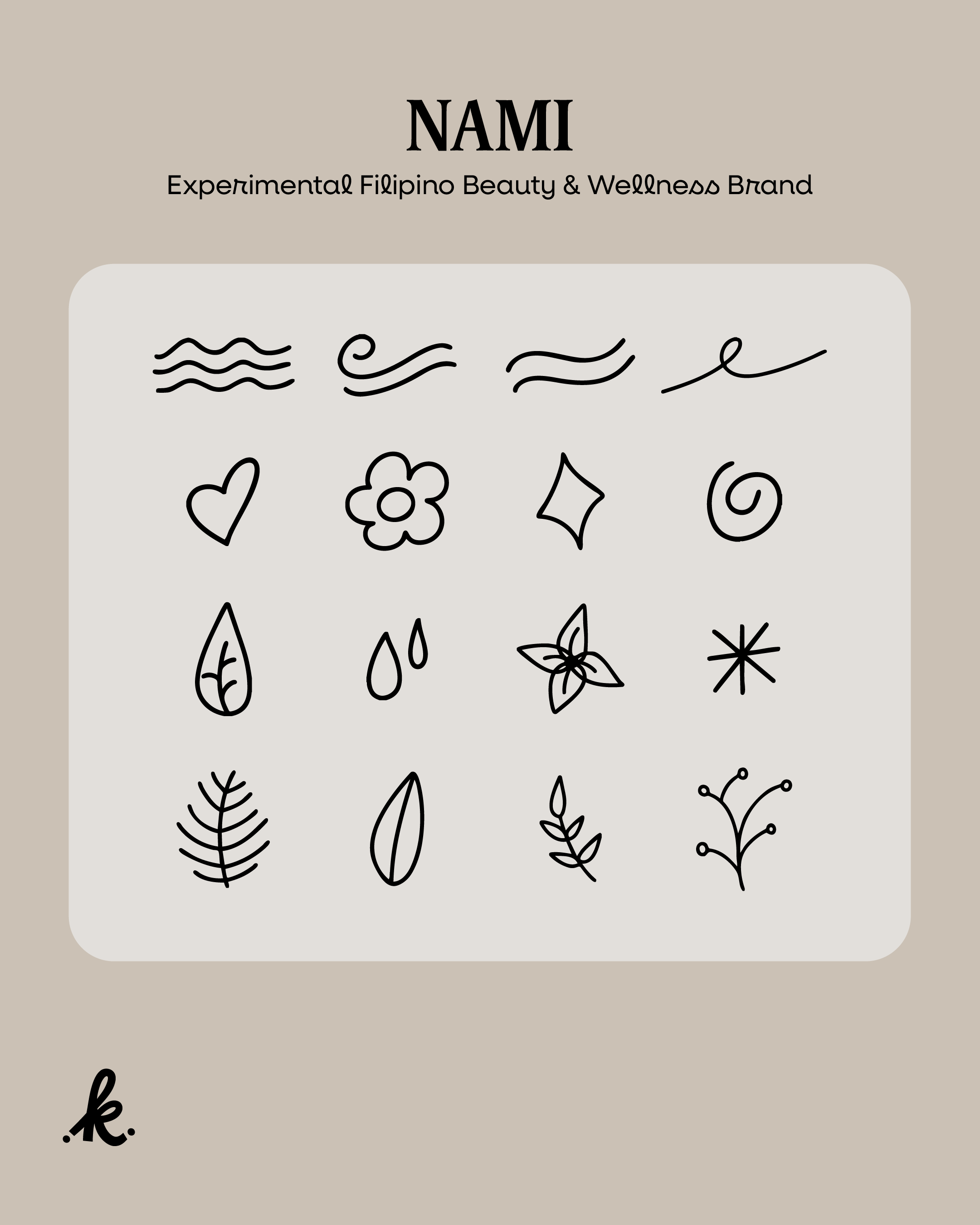 A collection of minimalist black line drawings of various plants, leaves, and a flower on a white background, with a beige backdrop.