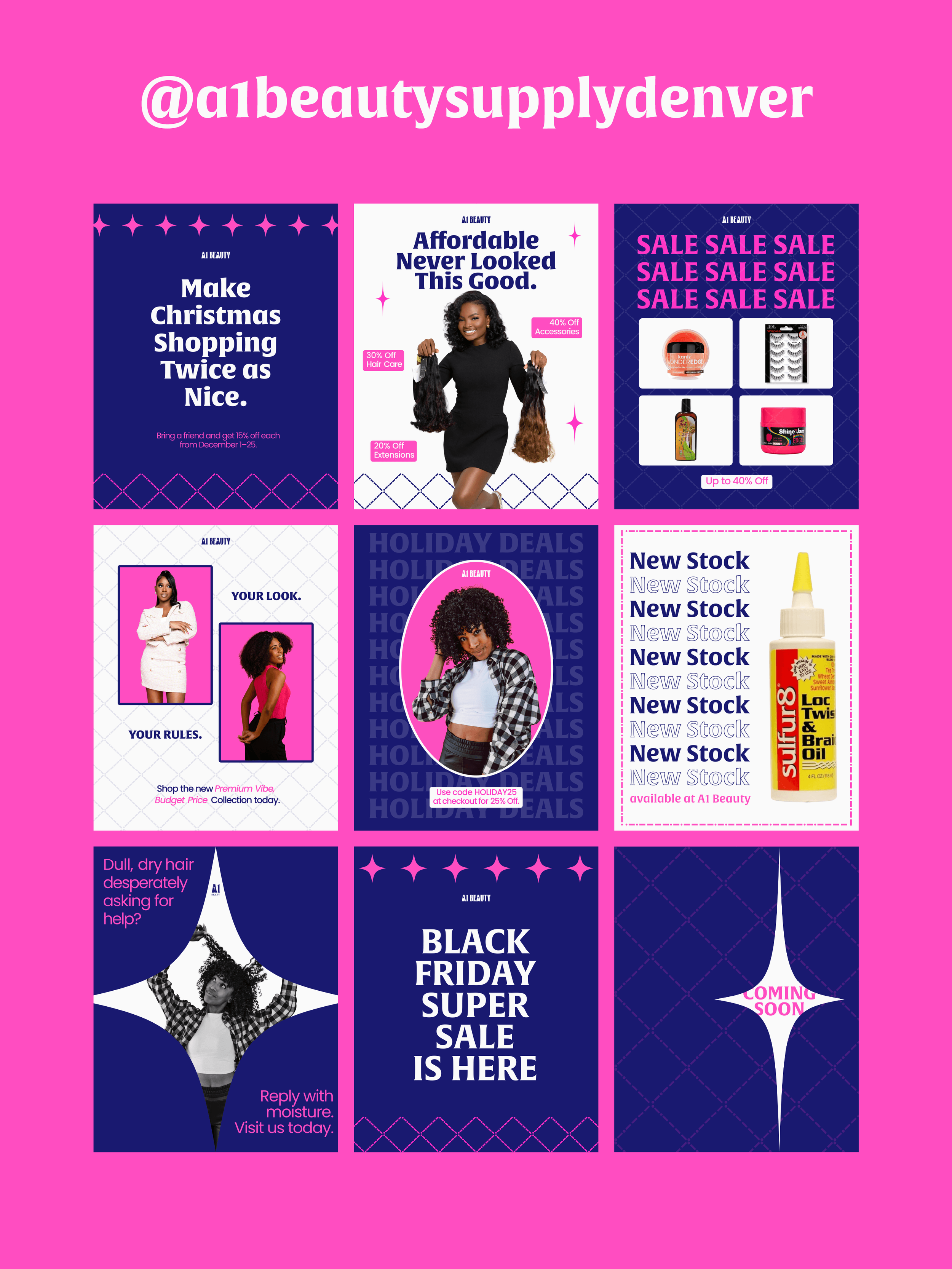 A collage of digital advertisements for beauty and skincare products, promotions, and sales from a brand called AI Beauty, with some ads featuring models and promotional texts about discounts and new stock arrivals.