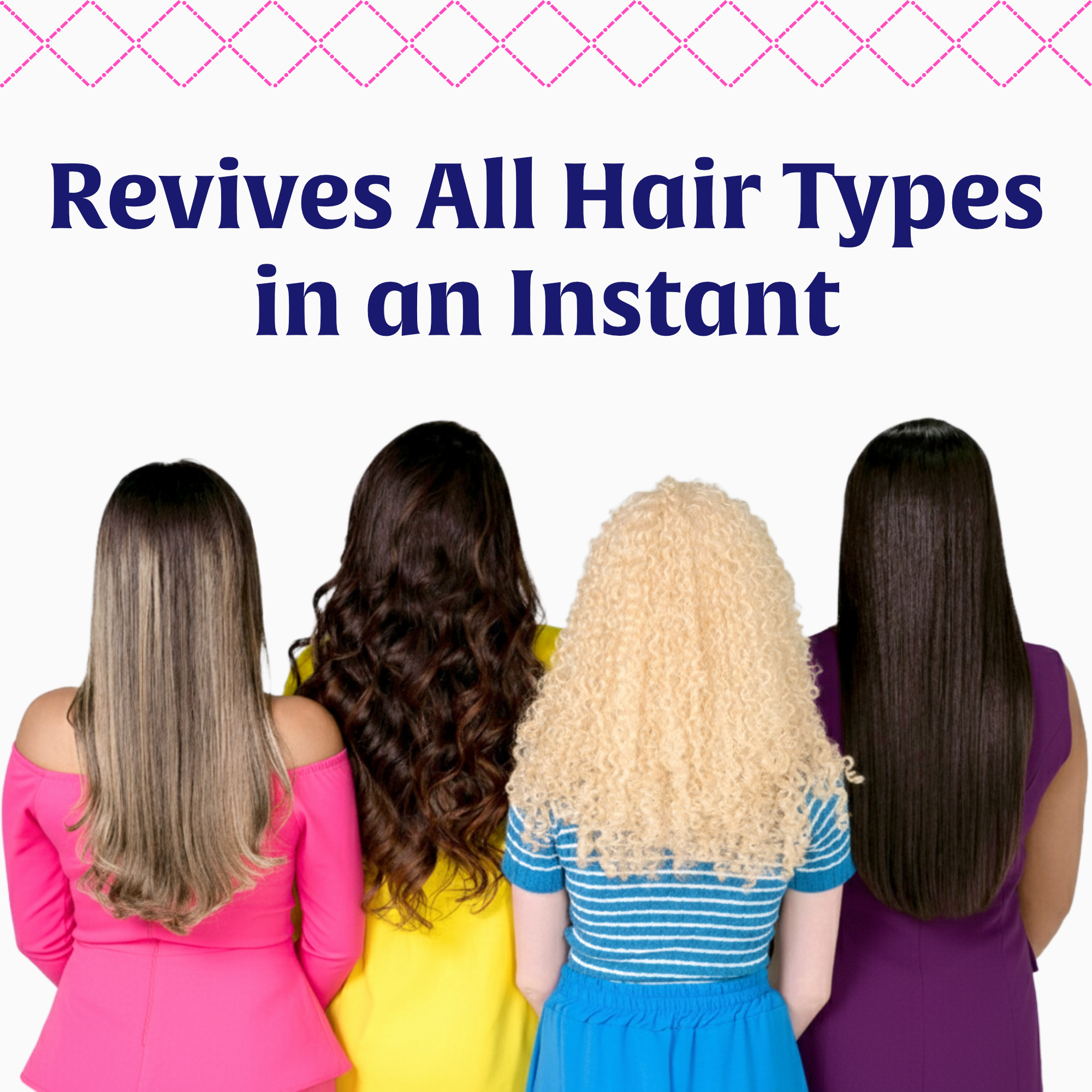 Six women viewed from the back, standing side by side with their heads close together, each wearing a differently colored dress, including pink, yellow, blue, purple, and with different hair textures and styles.