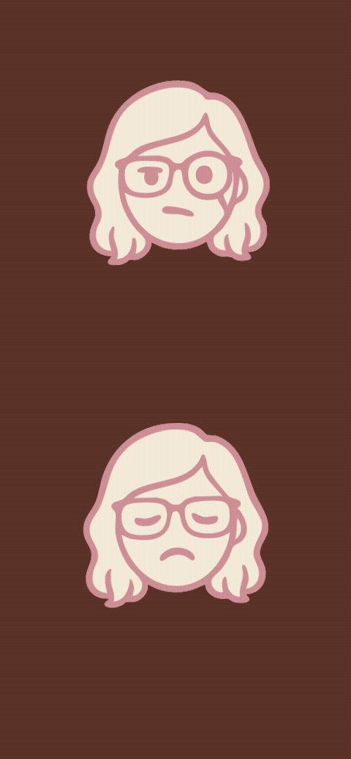 Animated gif showing a woman with glasses and long hair, first with an expressionless face and then frowning.