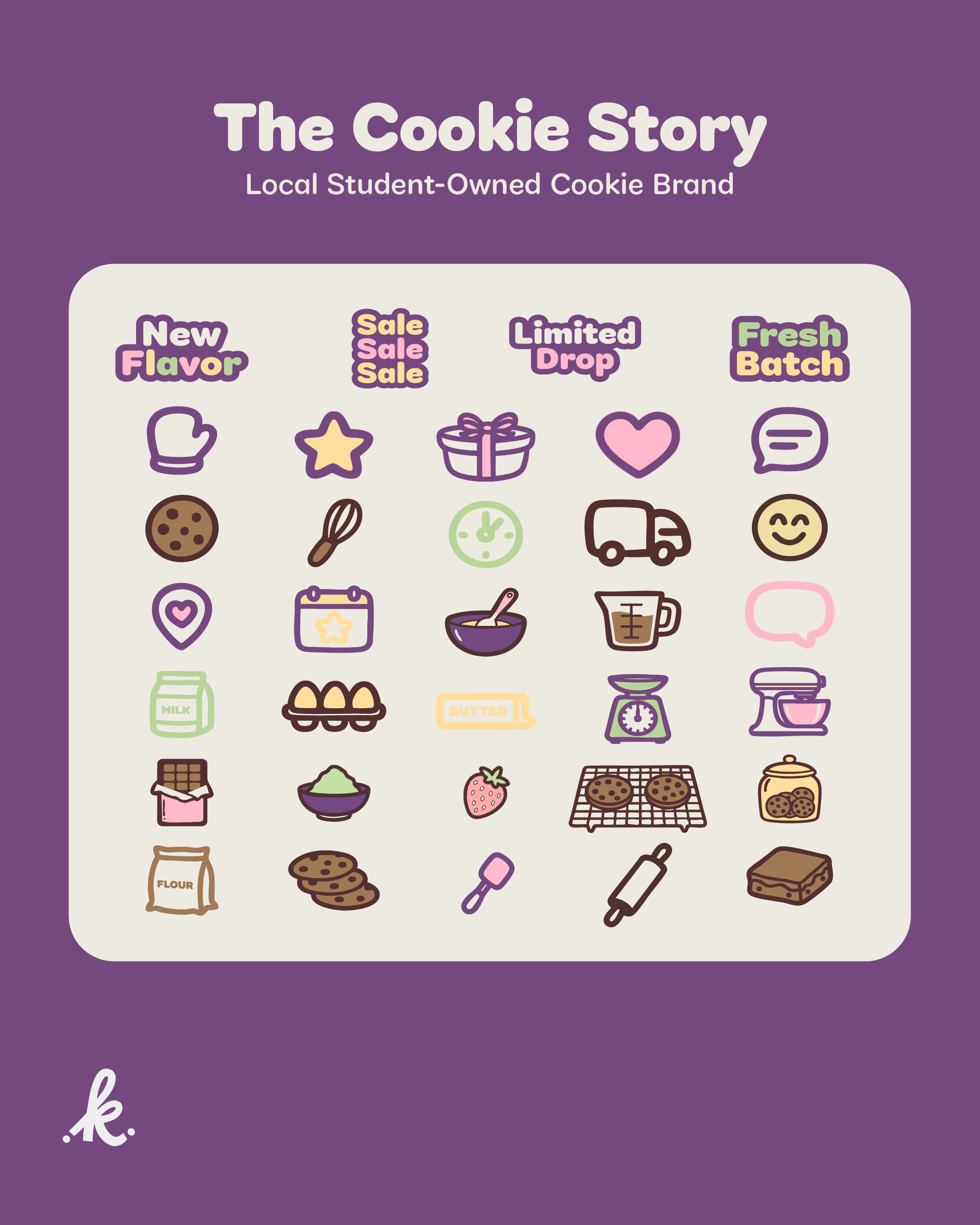 Colorful illustrated icons related to cookie baking, including a cookie, whisk, timer, delivery truck, smiling face, milk carton, eggs, flour, chocolate, strawberry, and baking tray.