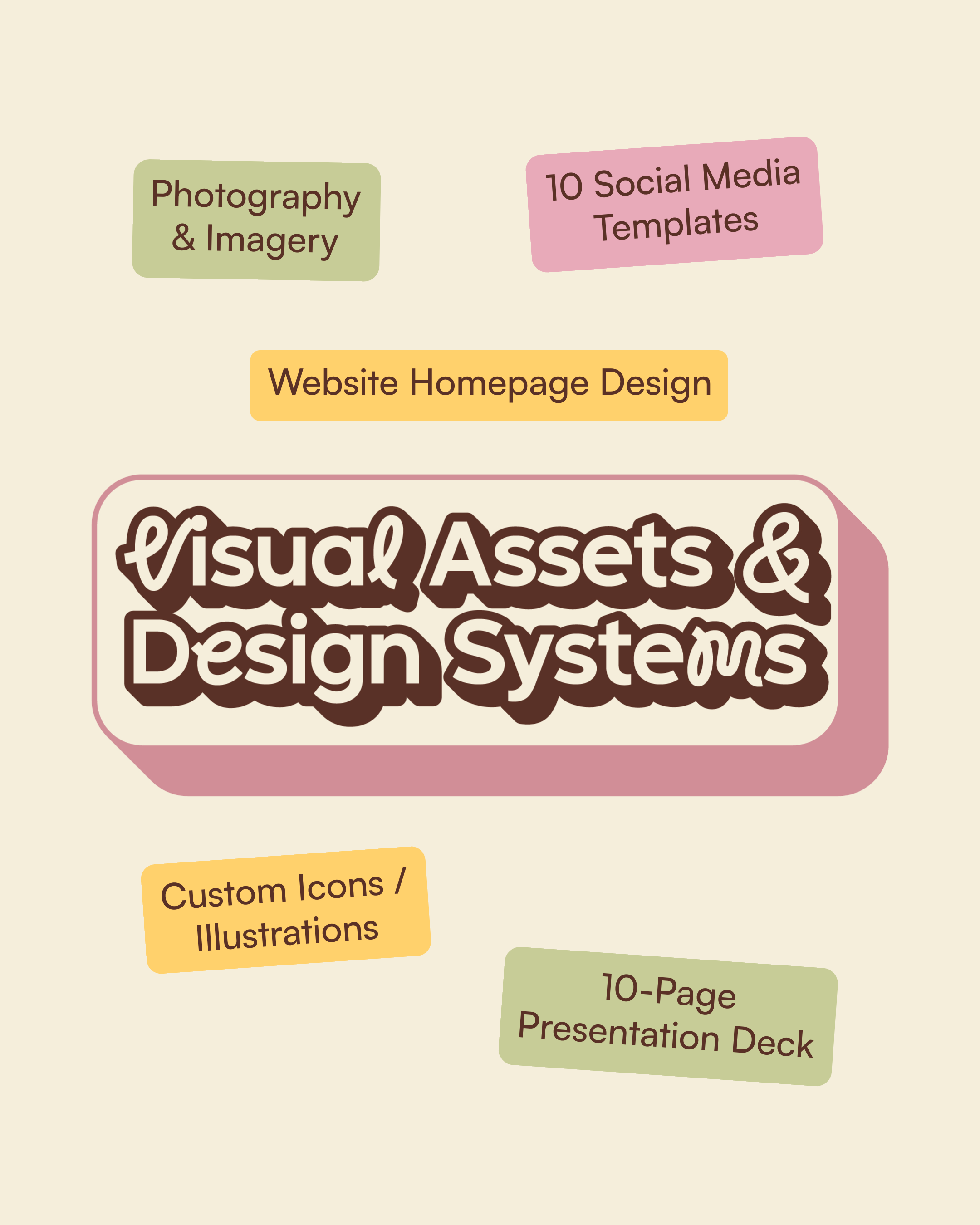 A graphic design and branding services advertisement with colorful sticky notes listing photography, social media templates, website design, visual assets, custom icons, and presentation decks.