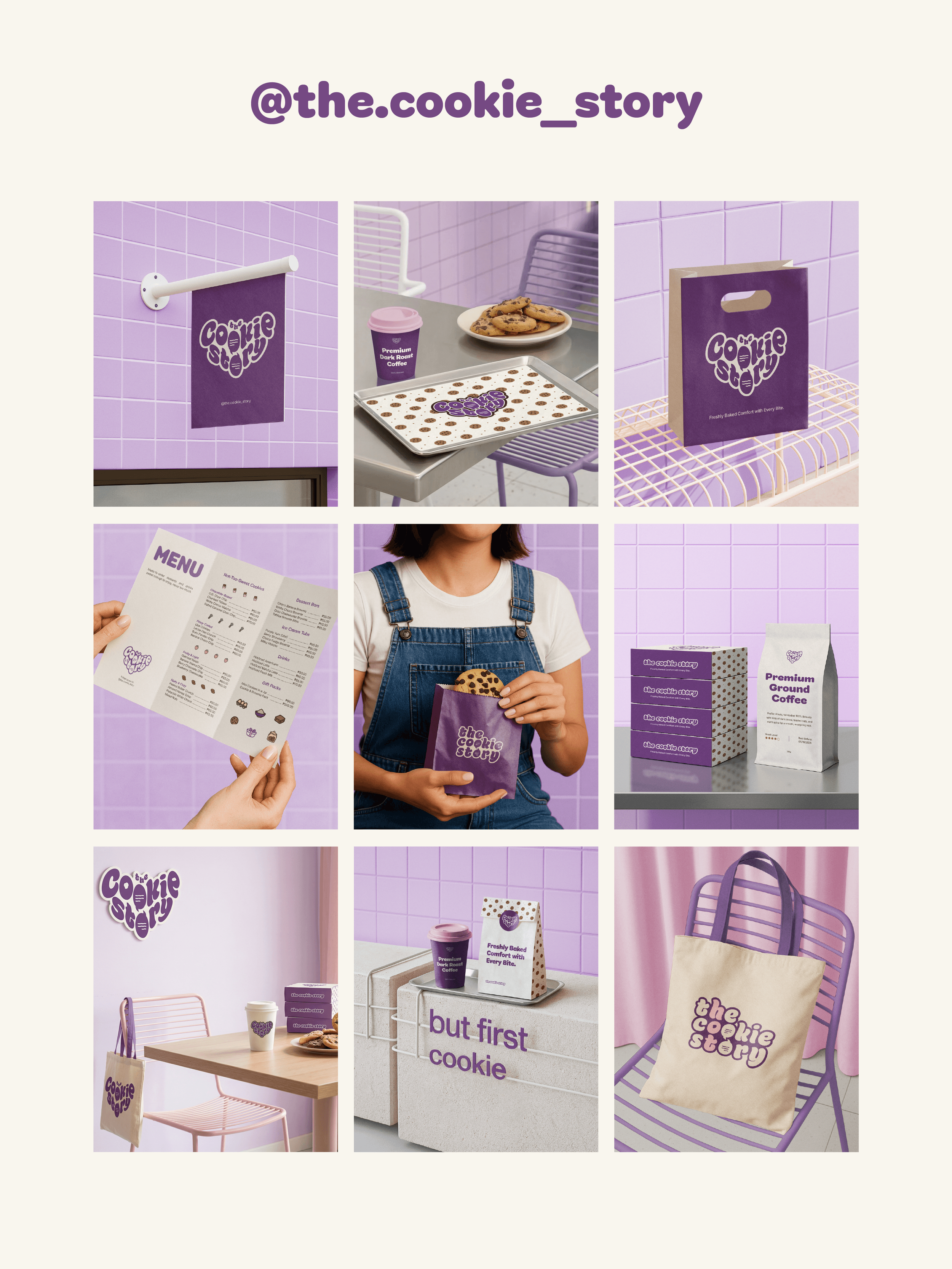 A grid of various images featuring branding and packaging for 'the cookie story' with purple and beige color themes, showing cookies, coffee cups, menus, bags, chairs, and a person holding a cookie in a purple bag in a modern cafe setting.
