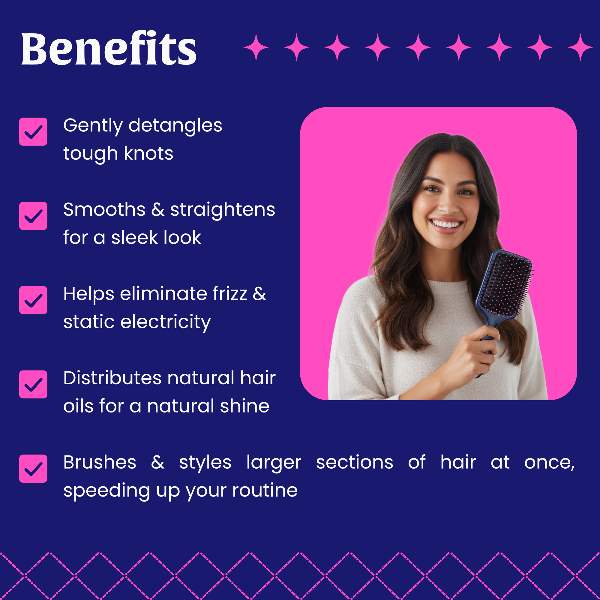 A woman holding a hairbrush smiling at the camera, with a pink background and navy blue overlay listing benefits of a hair styling product.