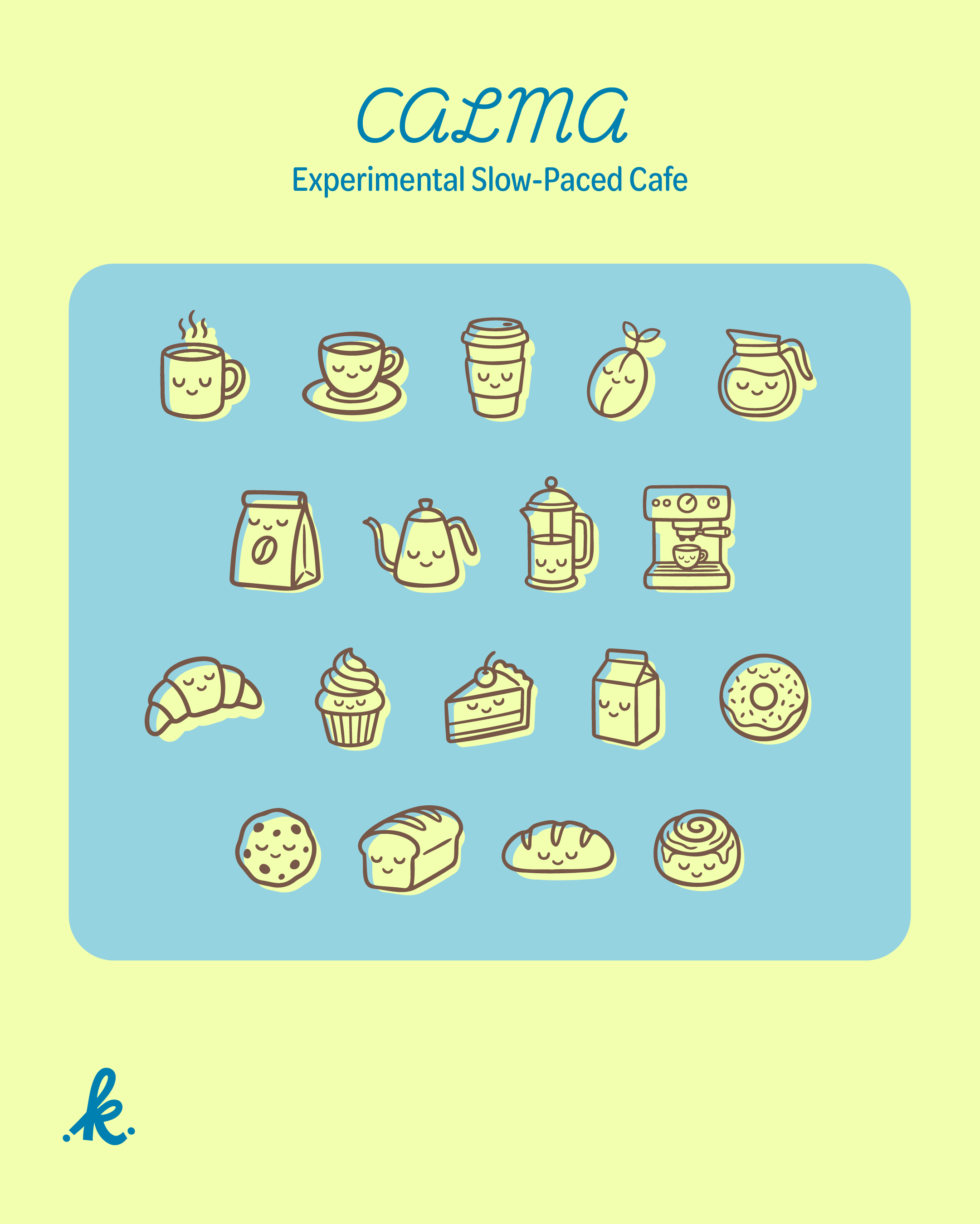 Illustration of a cafe menu featuring various coffee and pastry items with smiling faces, set against a light yellow background.