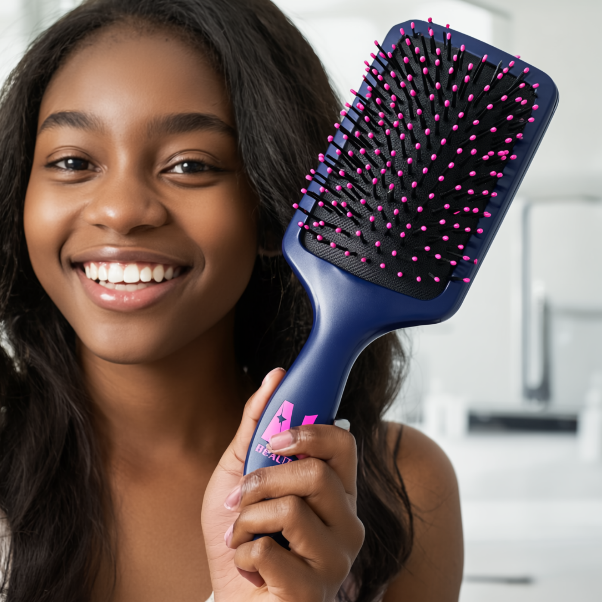 Close-up of a woman smiling while holding a pink and blue hairbrush near her hair.
