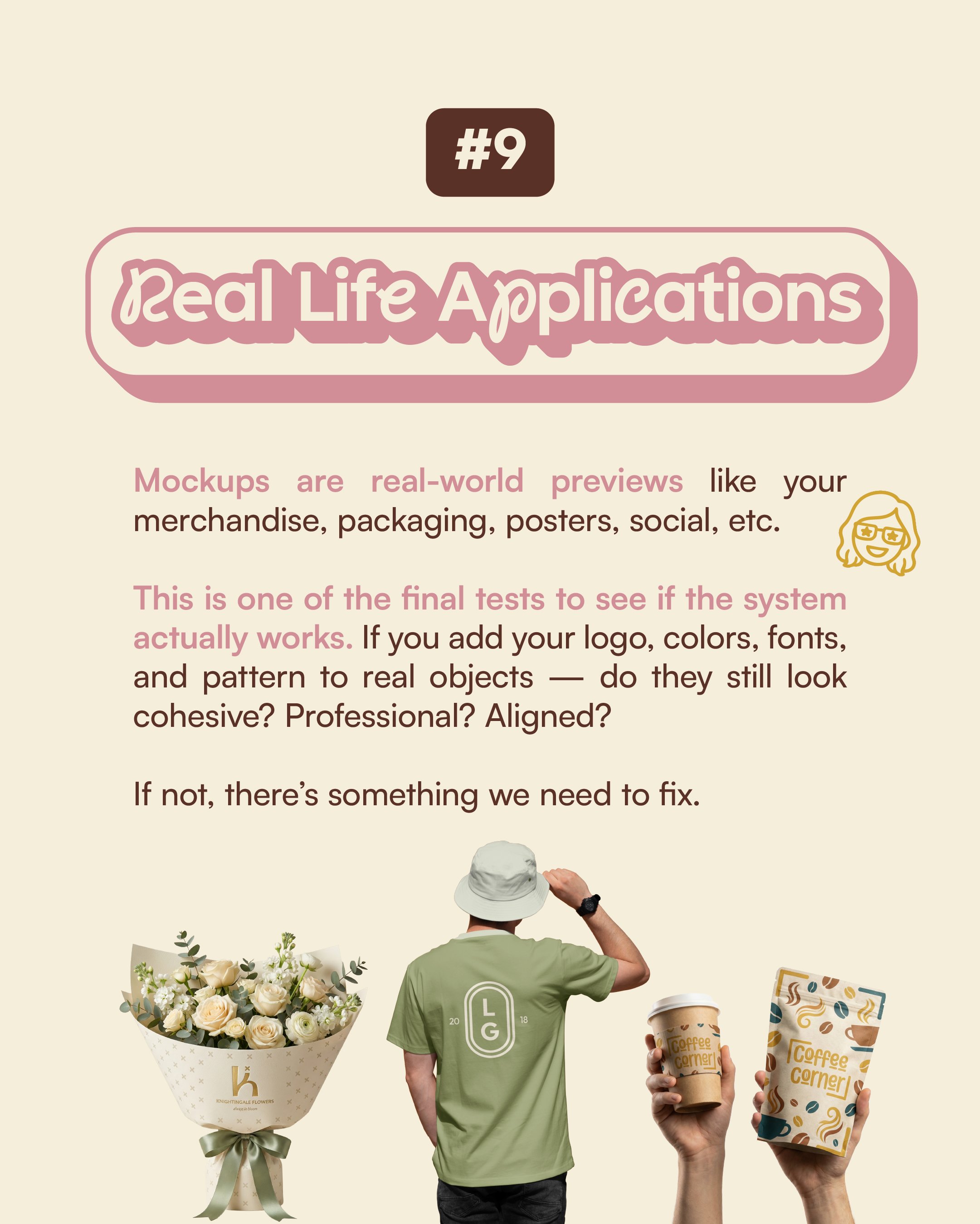 A visual mockup explaining real life applications with images of a flower bouquet, a person in a green T-shirt and hat, a hand holding a coffee cup, and a hand holding a coffee retail box.