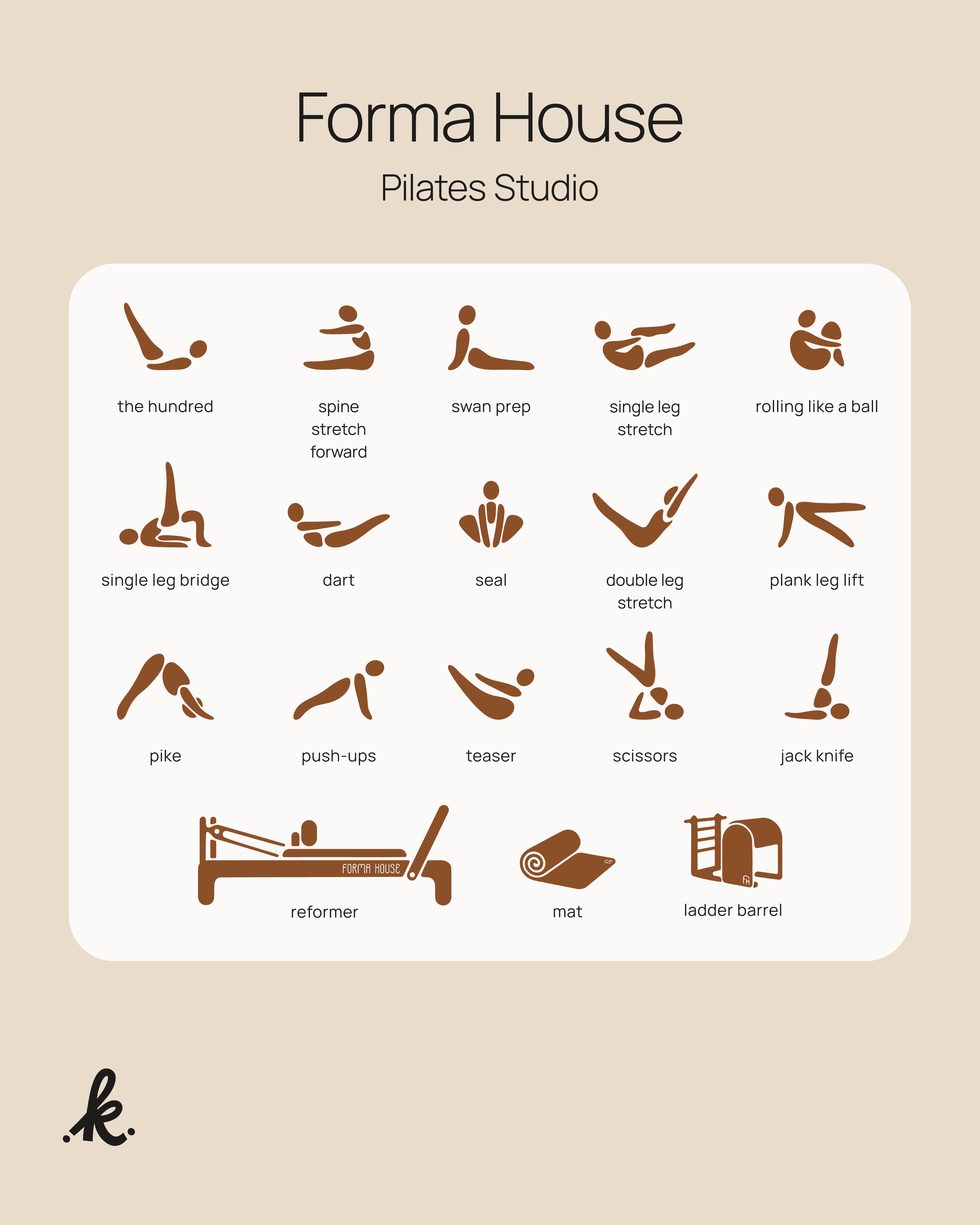 A collection of hand-drawn illustrations for Forma House, a Pilates studio in the Philippines, featuring Pilates exercises like the hundred, single leg stretch, spine stretch forward, jack knife, scissors, and more, plus a reformer, mat, and ladder b
