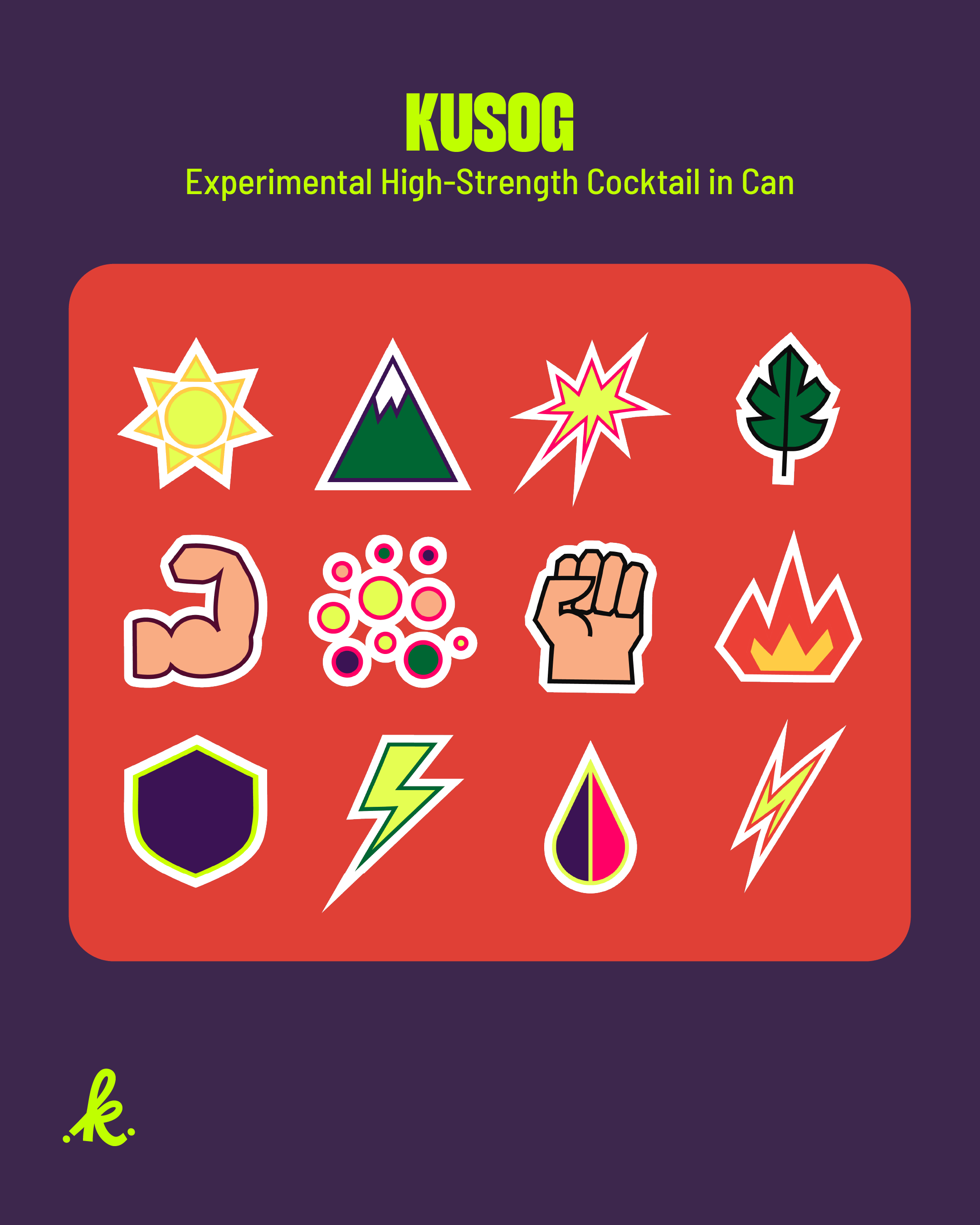 Close-up of a colorful graphic poster with symbols including a sun, mountain, explosion, leaf, shield, lightning bolt, droplet, and lightning, all in a cartoon style on a dark purple background.