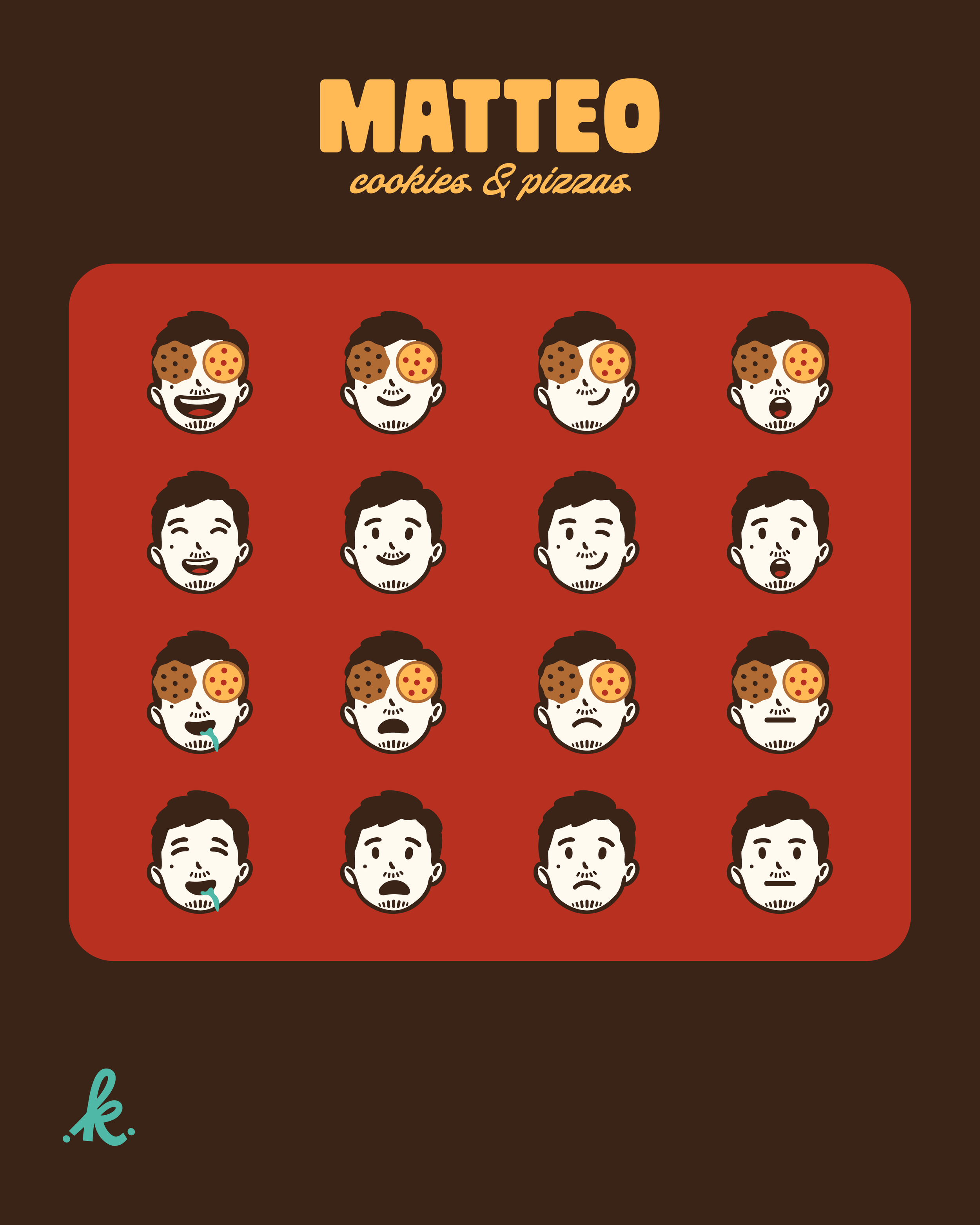A collection of illustrations for Matteo Cookies and Pizzas featuring a man with cookie and pizza as eyes in different facial expressions plus their versions with normal eyes