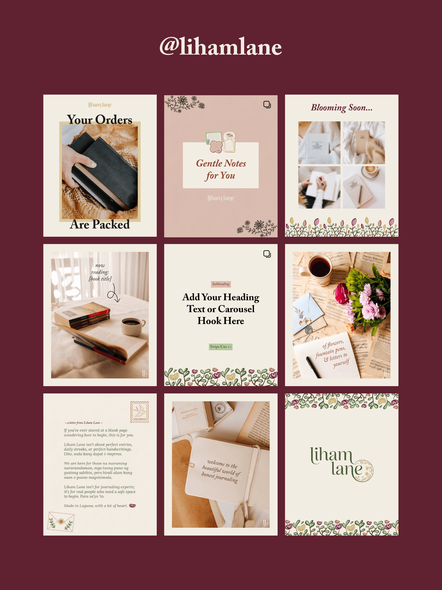 A collage of various images related to journaling, books, and stationery, with decorative floral borders and text overlays promoting journaling and stationery products.