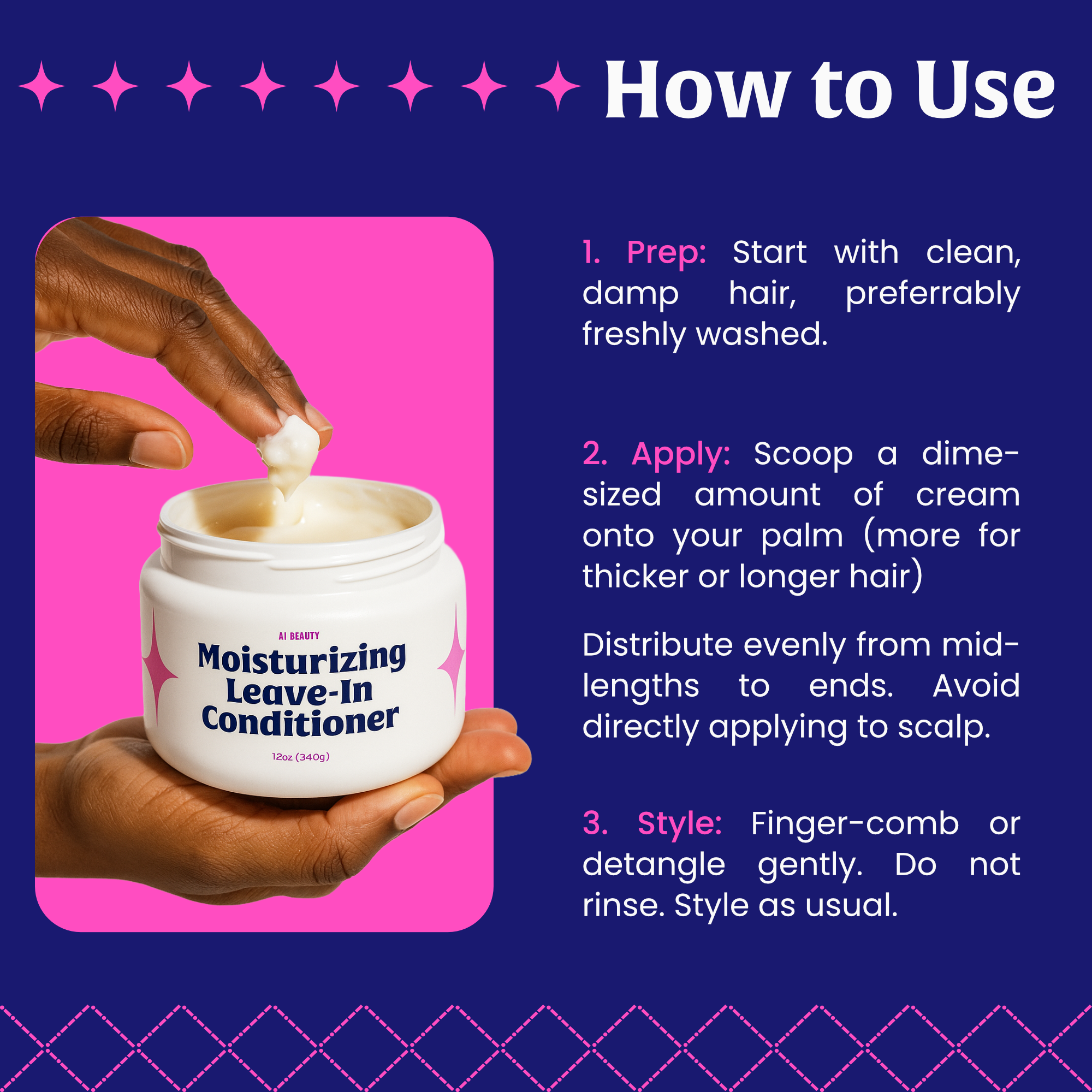 A hand holding a jar of leave-in conditioner labeled 'Moisturizing Leave-In Conditioner' with instructions for use to prep, apply, and style hair.