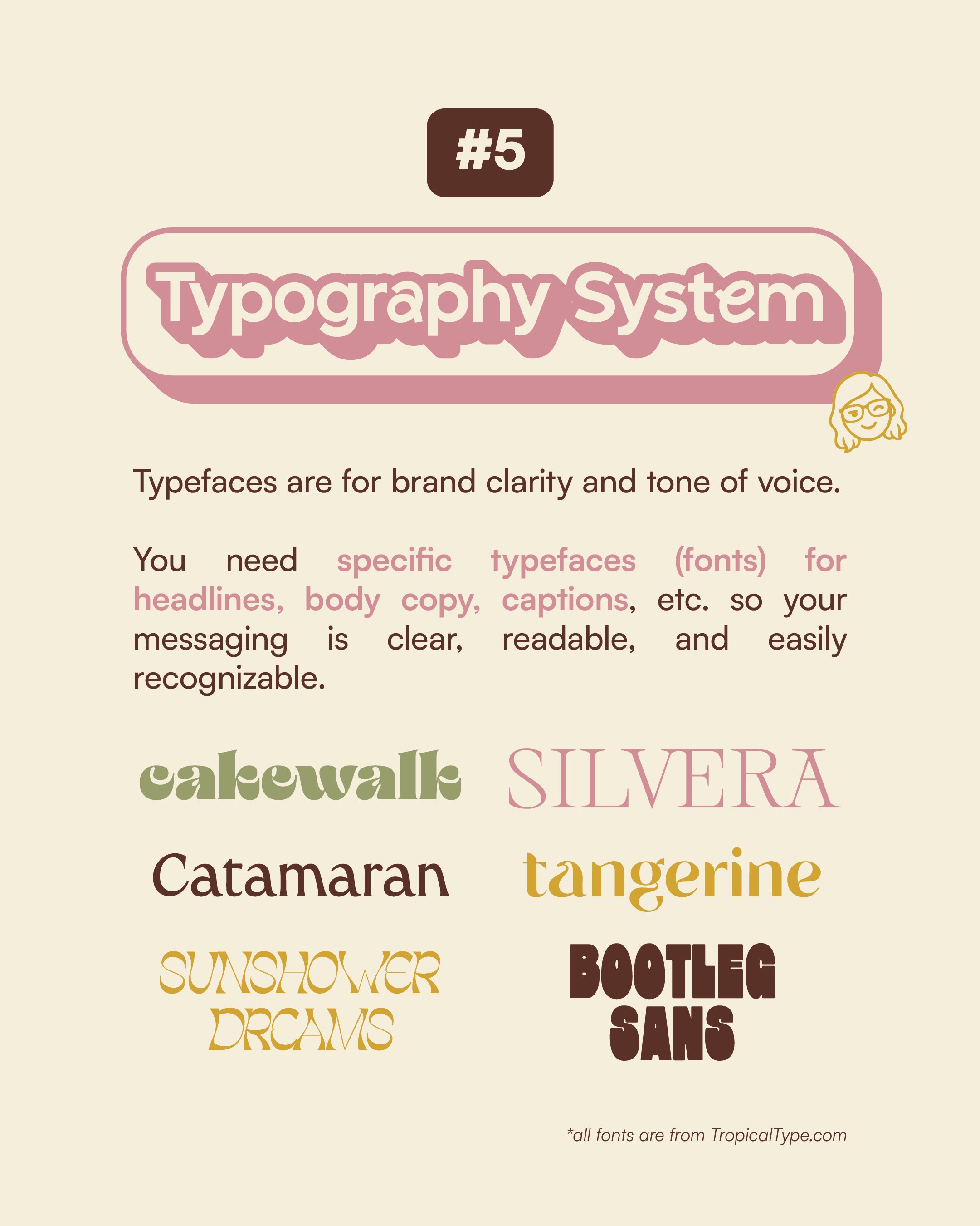 An infographic about typography system and font styles, including examples of different fonts like cakewalk, SILVERA, Catamaran, tangerine, SUNSHOWER DREAMS, and BOOTLEG SANS.
