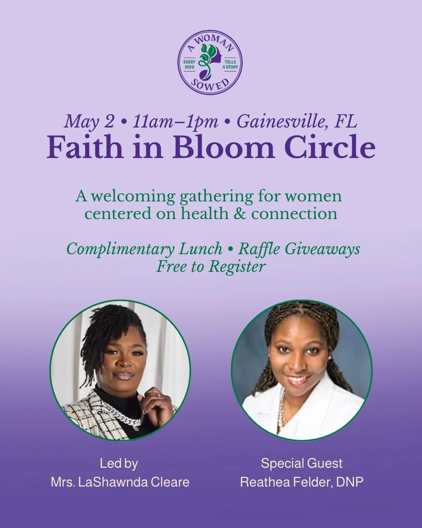 Join us for our next Faith in Bloom Circle 🌿💜
On May 2, women from across our community will gather for an afternoon of connection, encouragement, and meaningful conversation centered on women&rsquo;s health and wellness.
Led by Mrs. LaShawnda Clea