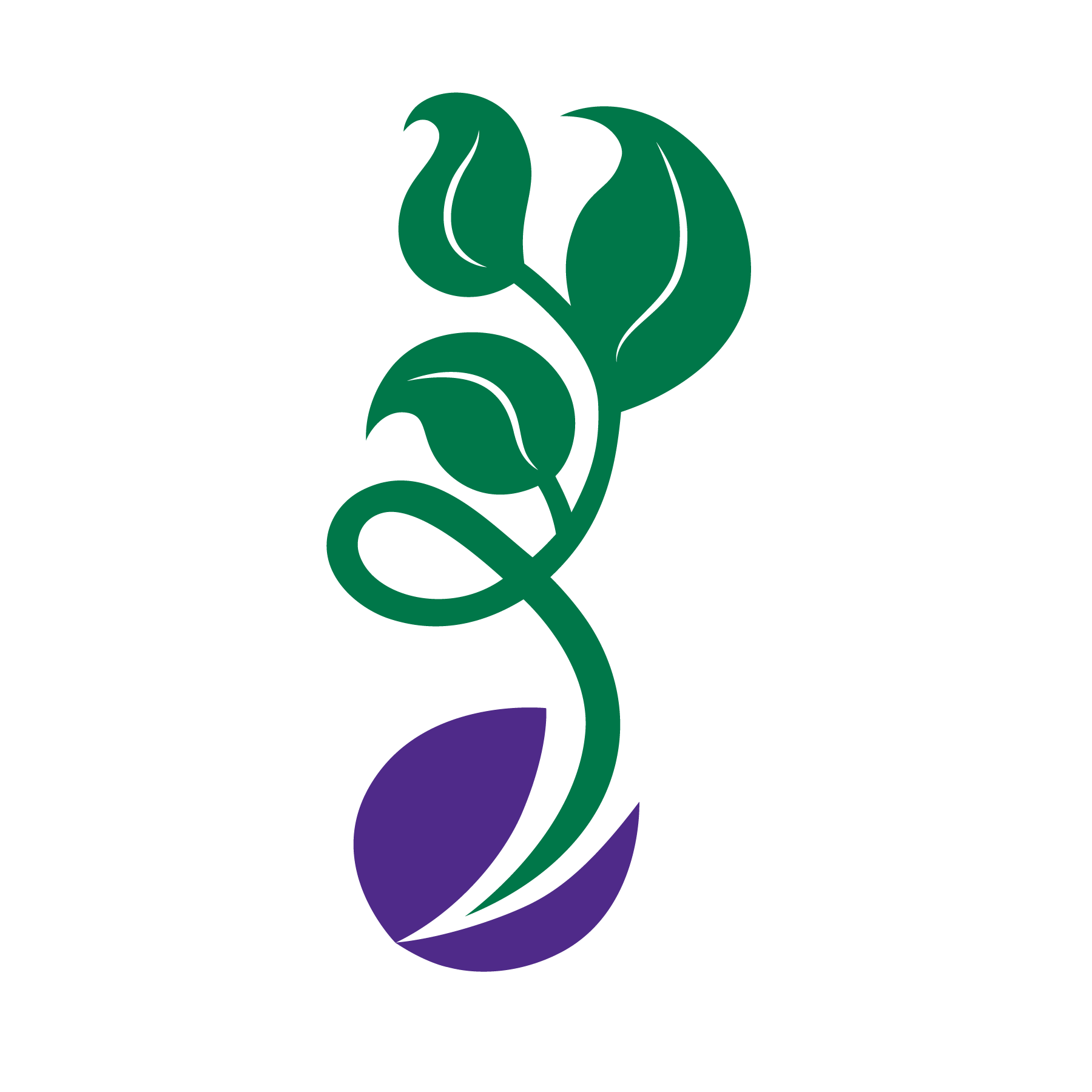 A stylized graphic of a green plant growing from a purple and black circular base, with three leaves and a curling vine, on a black background.