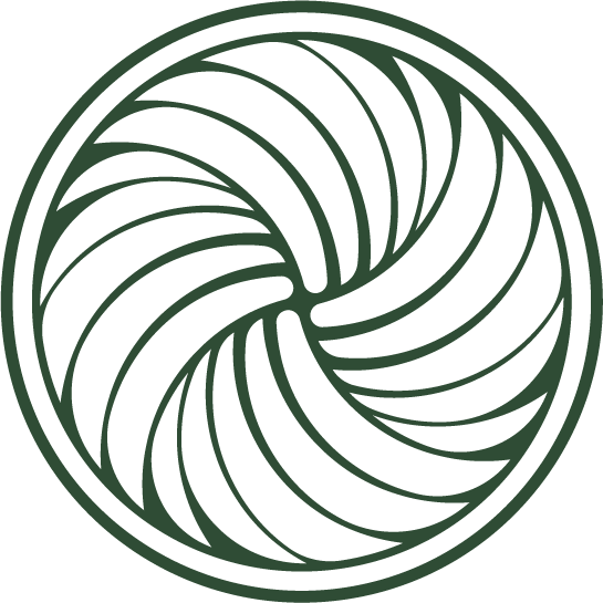 A black and green abstract circular design with swirling patterns inside.