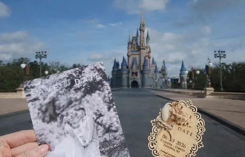 Wedding save-the-date card with Cinderella Castle at Walt Disney World in Orlando, Florida
