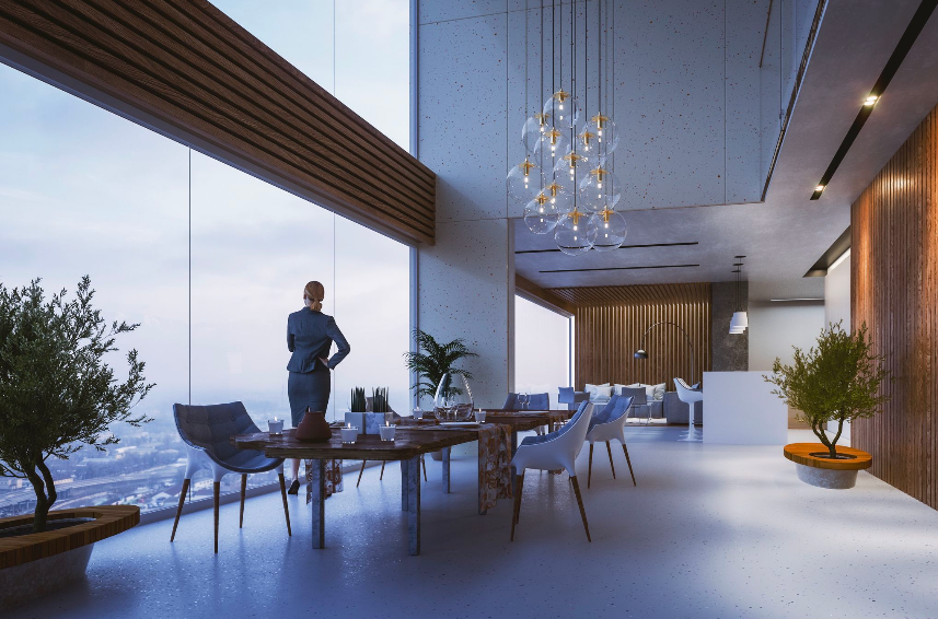 Modern dining and living area with large floor-to-ceiling windows, wooden accents, and urban city view.