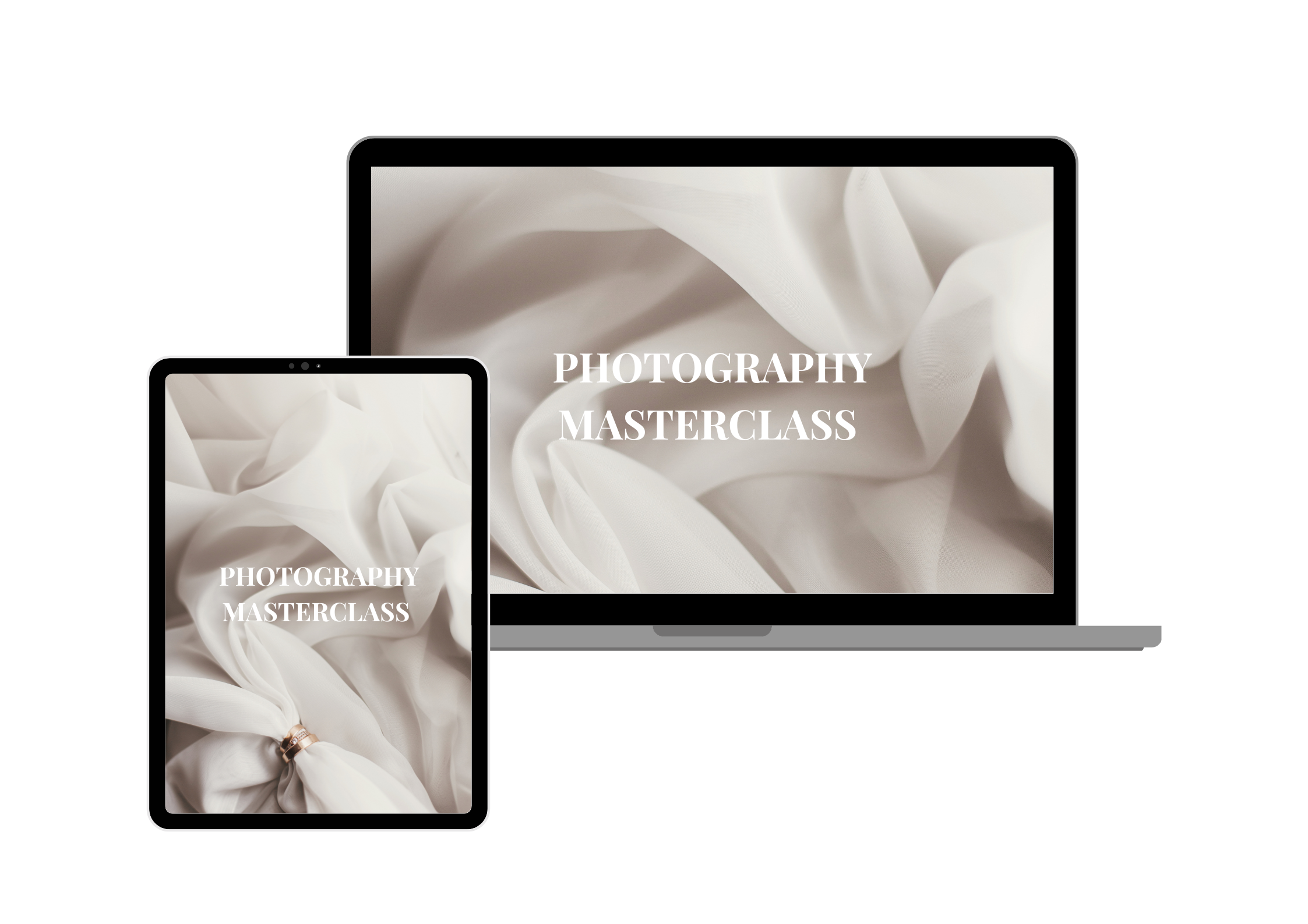 Digital illustration of a tablet and a laptop, both displaying a promotional image for a photography masterclass featuring white fabric with soft folds.