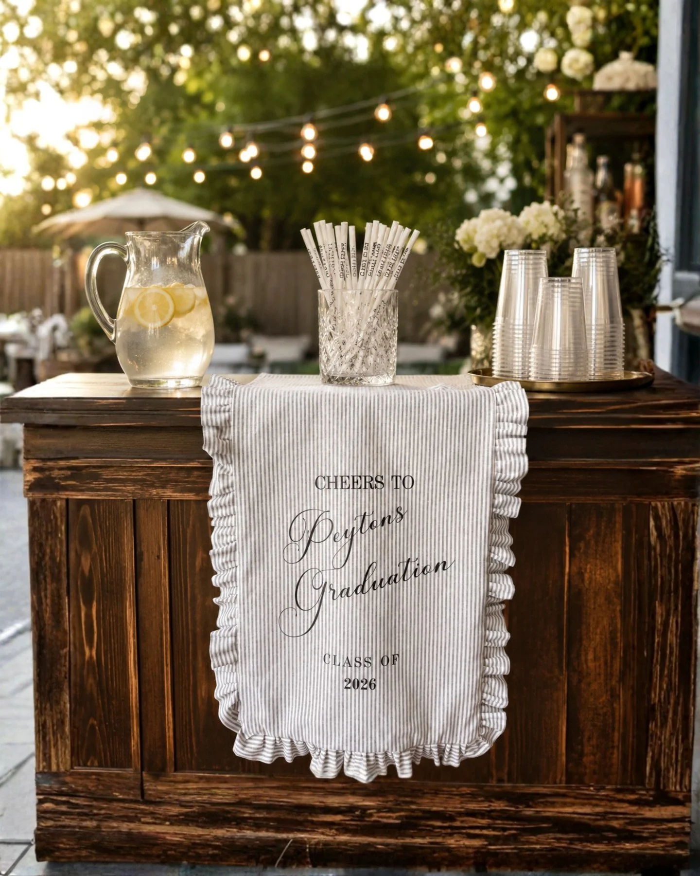 A little piece of this special milestone, made to last!

This custom ruffle bar sign was created for a graduation celebration honoring a daughter&rsquo;s incredible achievement. Handmade and stitched to last, it was designed to be enjoyed at the part