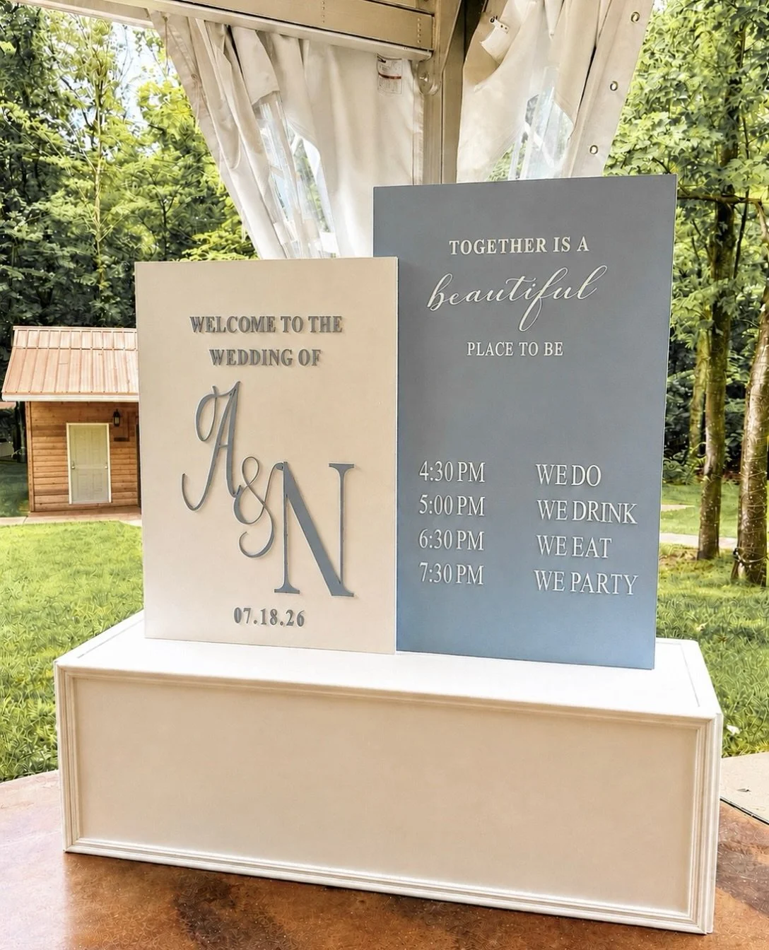 Cheers to the Dupel&rsquo;s!🥂

One of our favorite details from Alexandra &amp; Nicolas&rsquo; wedding! 🤍

This custom double-panel schedule board featured a fun &ldquo;Let&rsquo;s Eat, Let&rsquo;s Drink, Let&rsquo;s Party&rdquo; lineup with raised